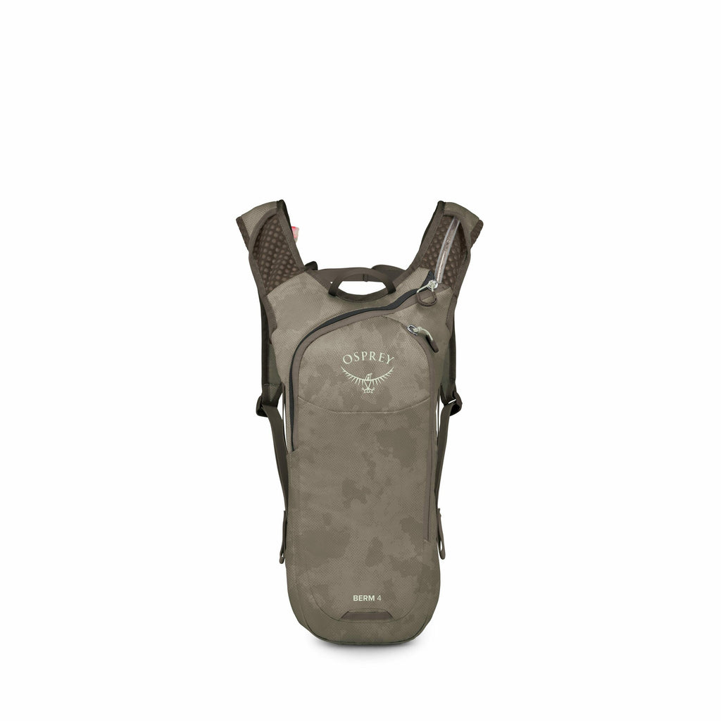 The image displays a compact and sleek Osprey backpack, specifically the Berm 4 model, designed primarily for hydration purposes. It features a minimalist design with padded shoulder straps for comfortable wear, a main zippered compartment, and smaller zi