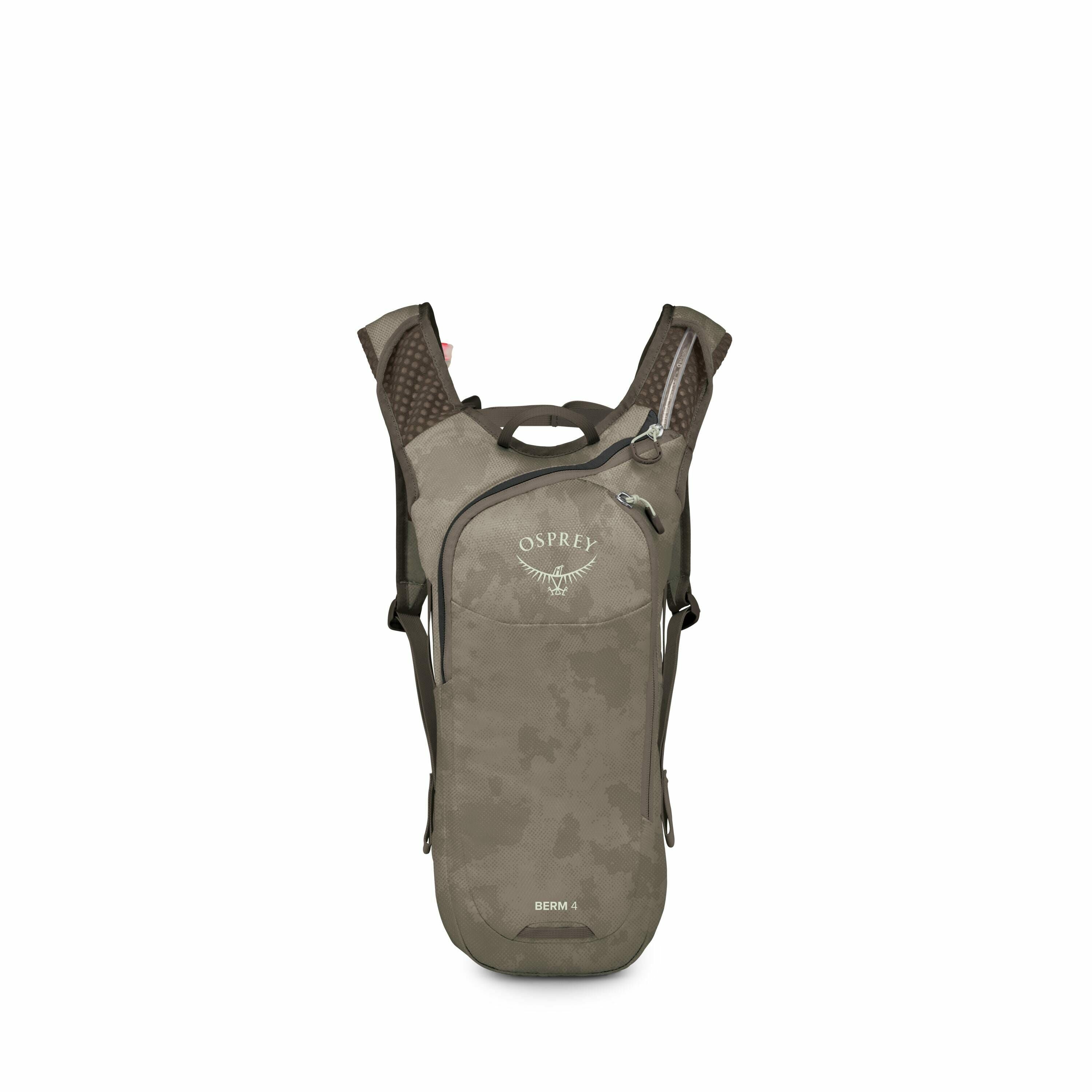 The image displays a compact and sleek Osprey backpack, specifically the Berm 4 model, designed primarily for hydration purposes. It features a minimalist design with padded shoulder straps for comfortable wear, a main zippered compartment, and smaller zi