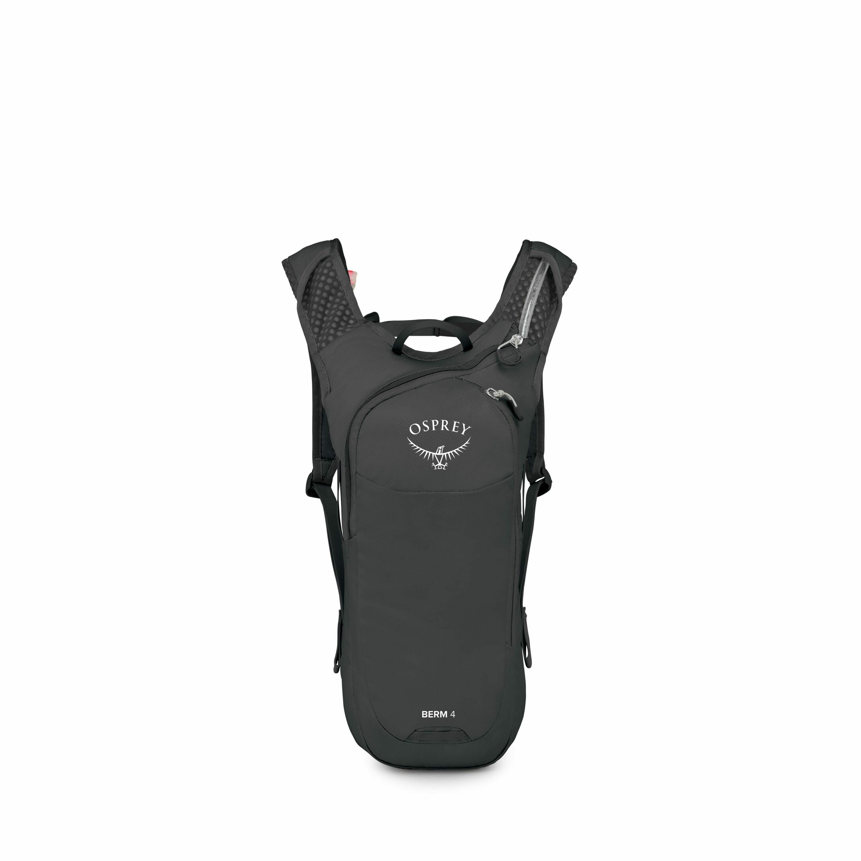 The image is of a sleek and compact backpack from the brand Osprey, specifically their "Berm 4" model. It features a minimalist design in black, with the Osprey logo and name prominently displayed on the front. The backpack has two shoulder straps with so
