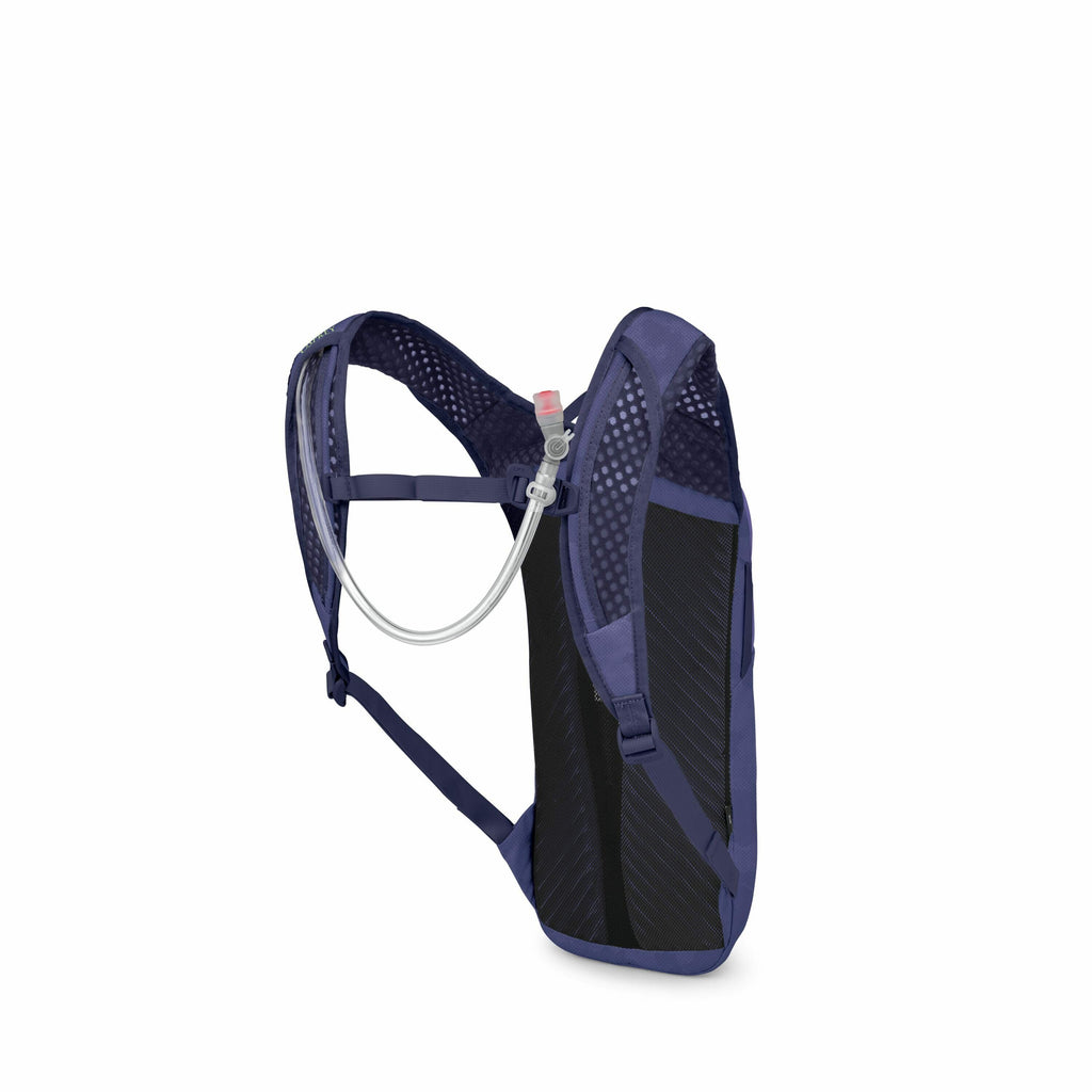 The image features a compact hydration pack designed for activities like hiking or running. It is primarily a deep blue color, and its form is slim and ergonomic, with breathable mesh shoulder straps for comfort. The pack includes a hydration tube with a