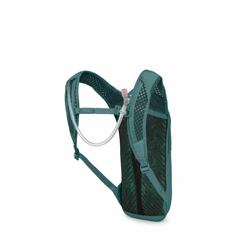 The image depicts a green hydration backpack designed for outdoor activities such as hiking or cycling. The backpack is streamlined and compact, featuring two shoulder straps with perforated mesh for breathability and comfort. Prominently visible is the h