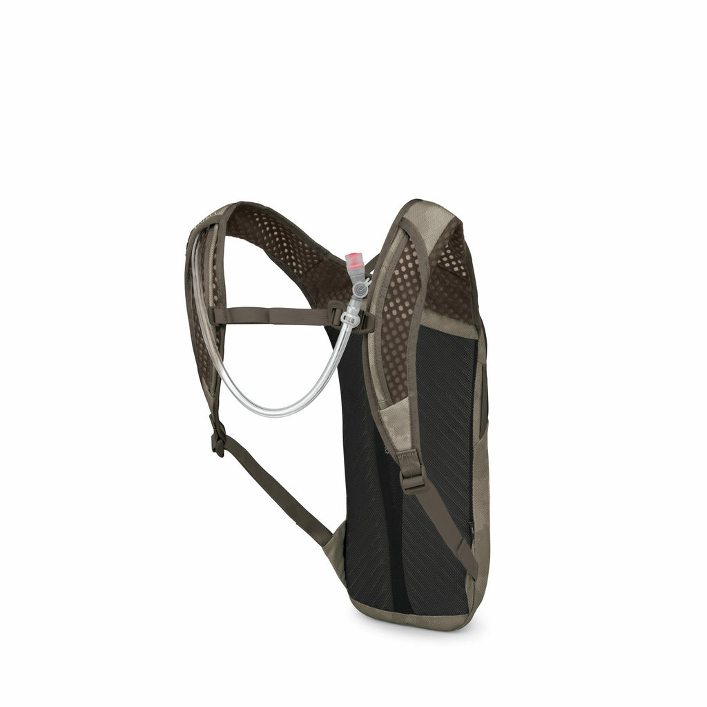 The image displays a hydration backpack designed for outdoor activities such as hiking or cycling. It features a lightweight and compact design with two shoulder straps and a water reservoir compartment. The backpack is equipped with a hydration tube that