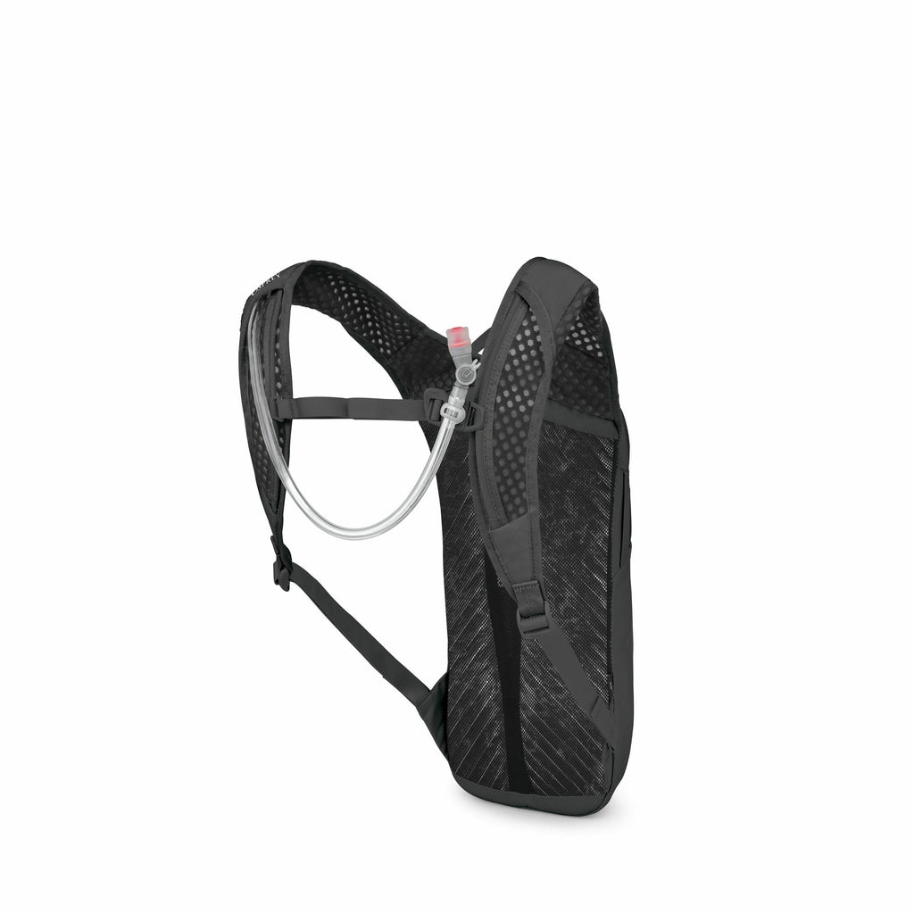 The image displays a minimalist black hydration backpack with a sleek design. The backpack features a mesh-like material, which likely contributes to its lightweight and breathable nature, making it suitable for outdoor activities. Attached to the backpac