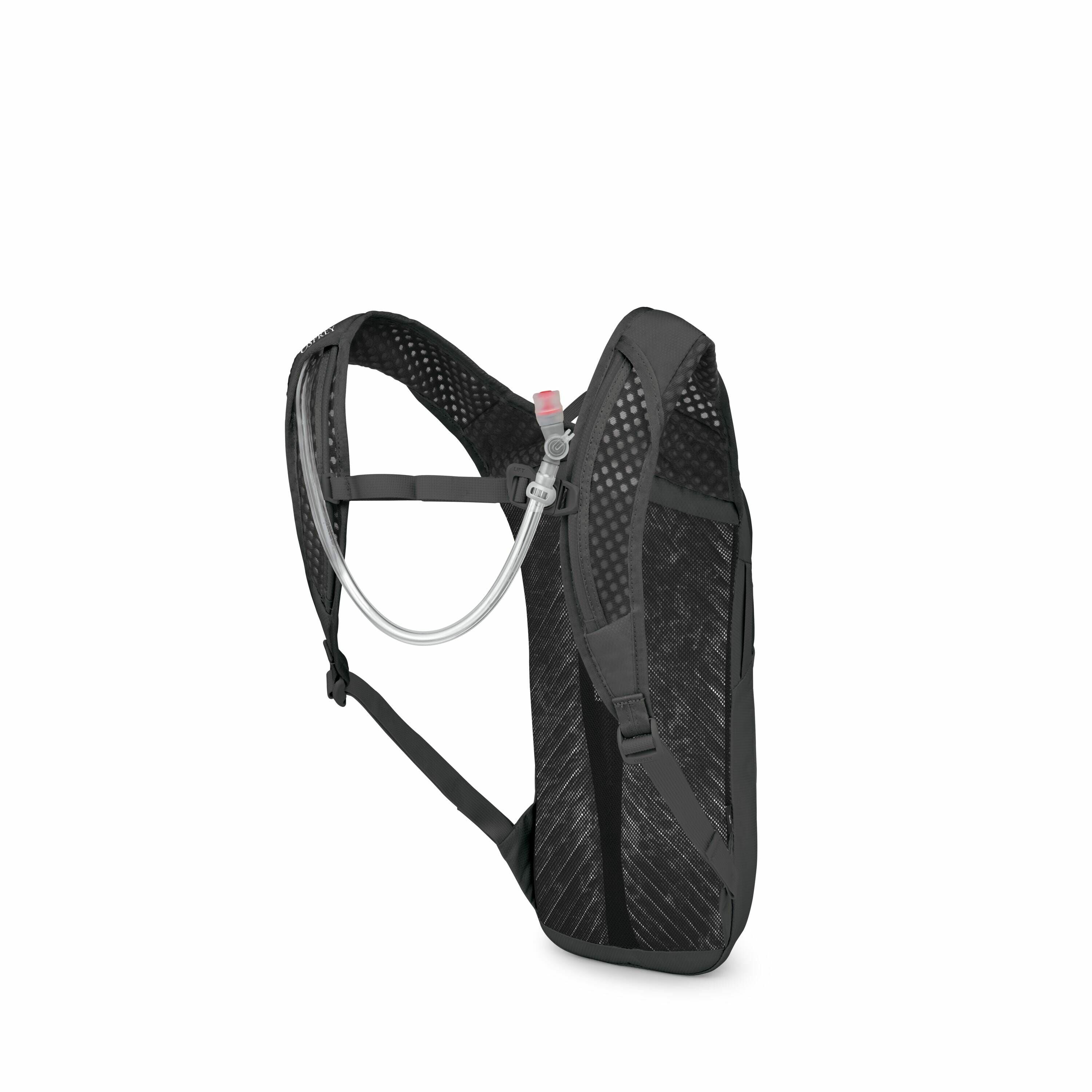 The image displays a minimalist black hydration backpack with a sleek design. The backpack features a mesh-like material, which likely contributes to its lightweight and breathable nature, making it suitable for outdoor activities. Attached to the backpac