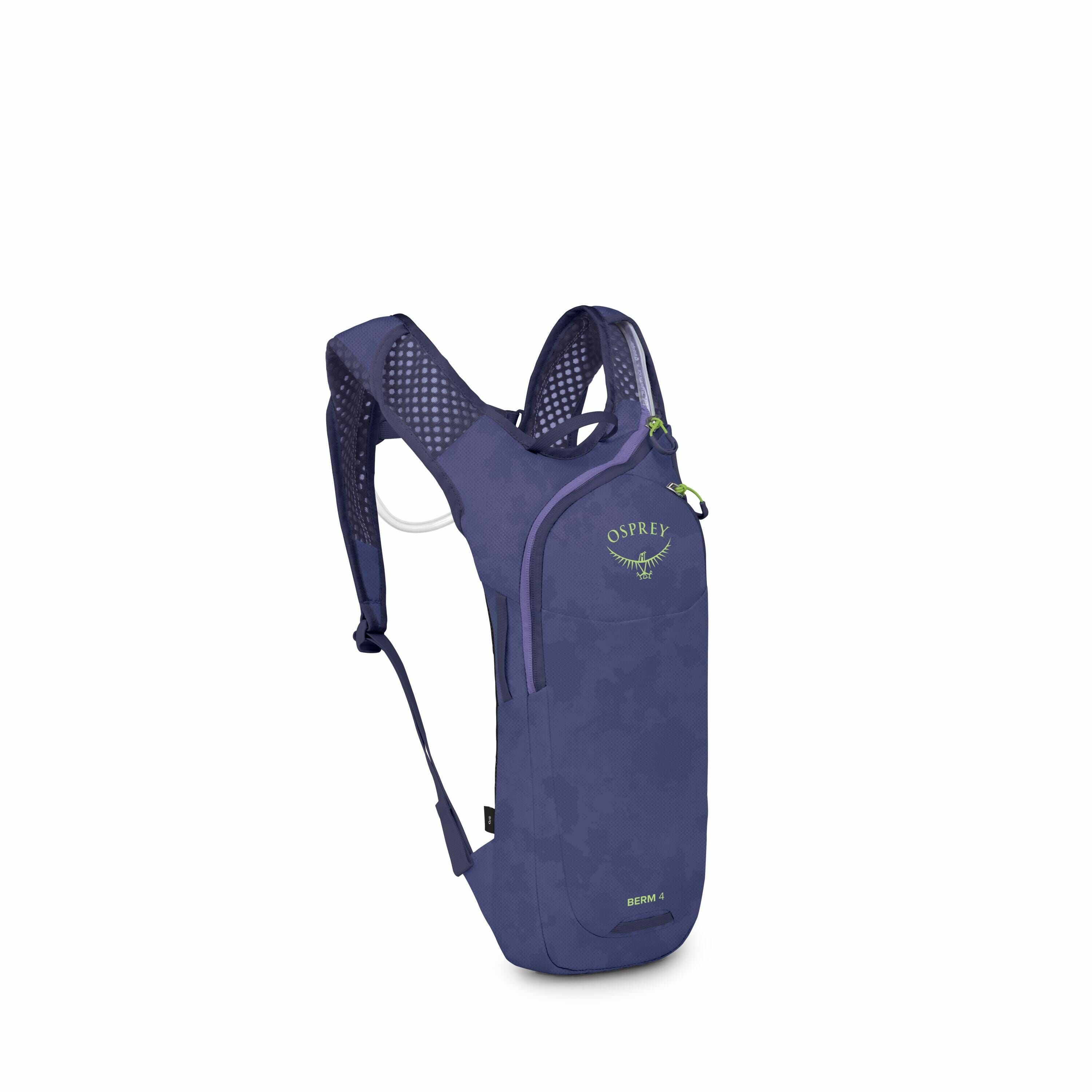 The image features an Osprey Berm 4 hydration pack, shown in a side profile view. The pack is predominantly dark blue with a camouflage-like texture and has a neon green Osprey logo on the front. It is designed to be compact and lightweight, with adjustab