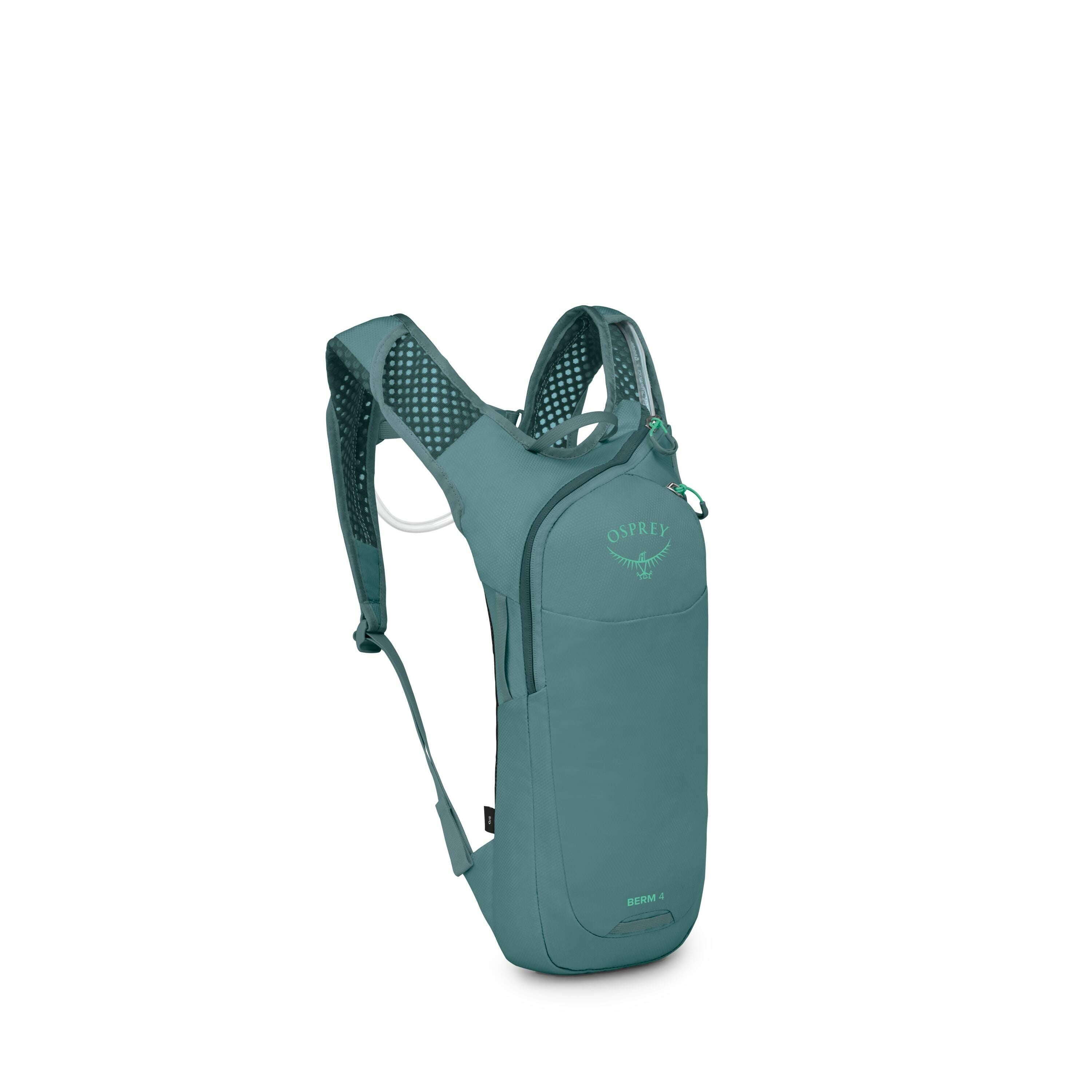 The image shows a compact backpack by Osprey, colored in a teal hue. It features a minimalist design with mesh shoulder straps for enhanced breathability and comfort. The brand's logo, consisting of the name "Osprey" and a bird emblem, is prominently disp