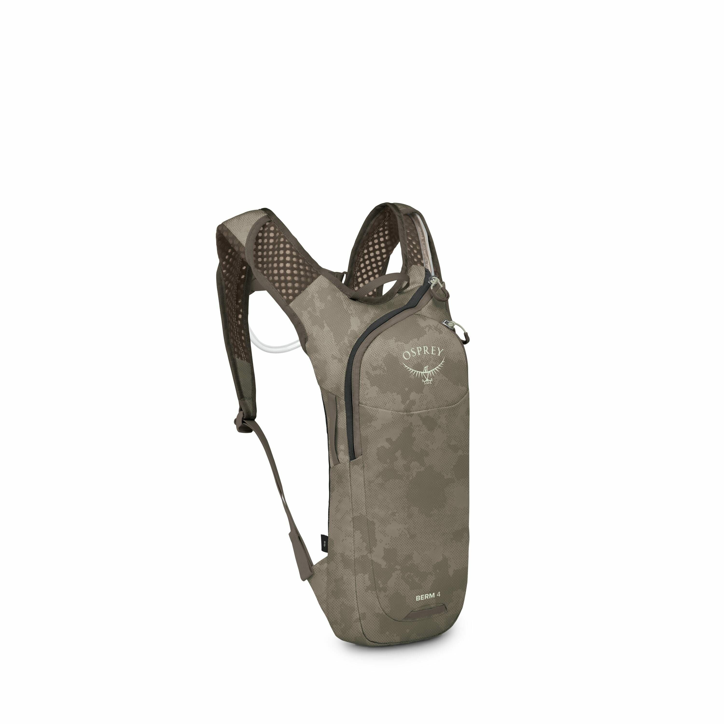 The image shows a compact, sporty backpack designed by Osprey, a well-known outdoor gear brand. The backpack features a sleek, streamlined design with a camouflage pattern and is labeled as the "BERM 4" model. It is equipped with mesh shoulder straps for