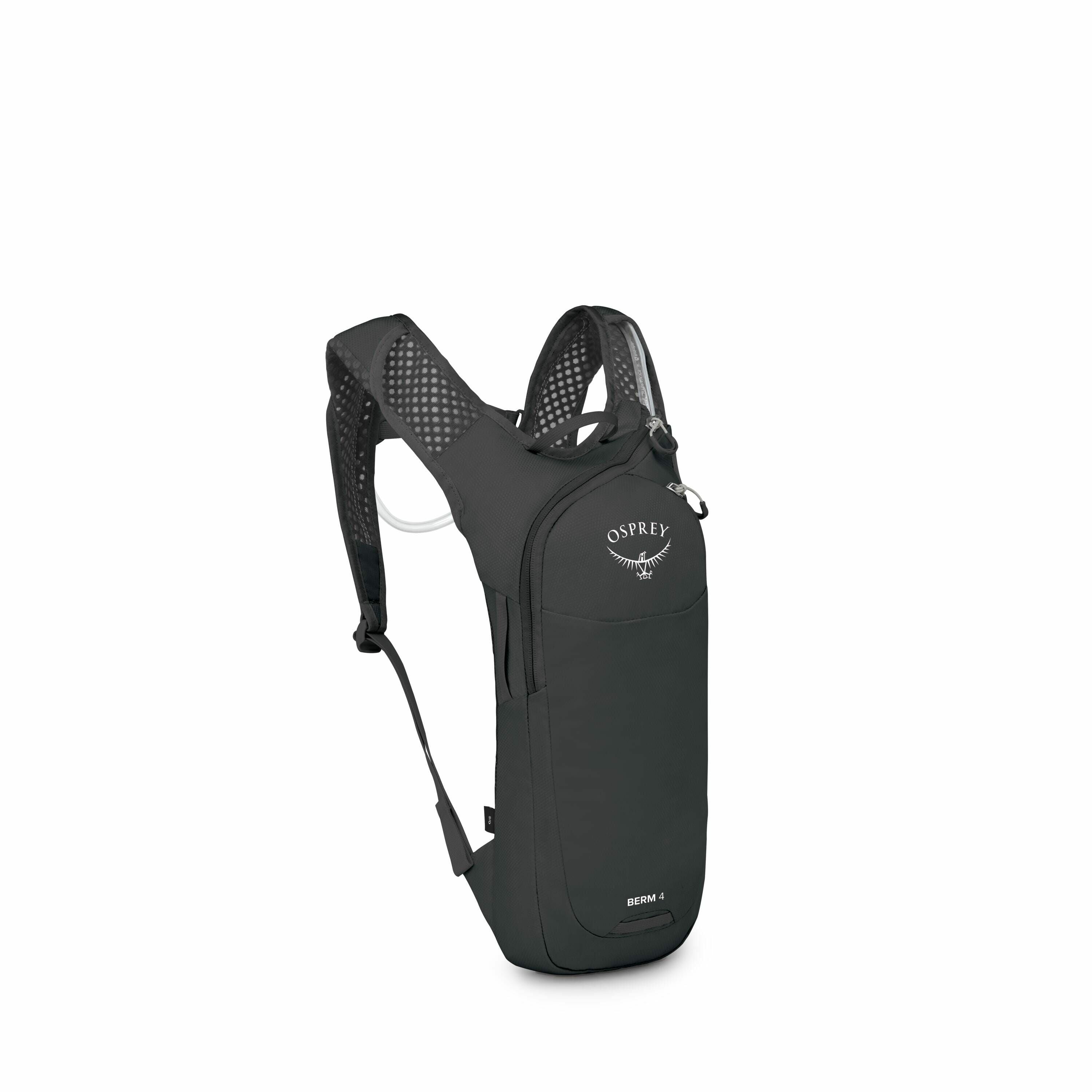 The image showcases a sleek, minimalist black backpack designed by Osprey, specifically the Berm 4 model. The backpack is designed for hydration with a streamlined, compact shape, ideal for activities like hiking or cycling. It features lightweight, breat