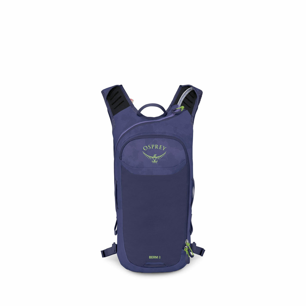 The image features a backpack made by the brand Osprey, identifiable by the prominent Osprey logo on the front. The backpack has a sleek design in a dark blue color with black straps and accents. It is small and compact, likely intended for light activiti
