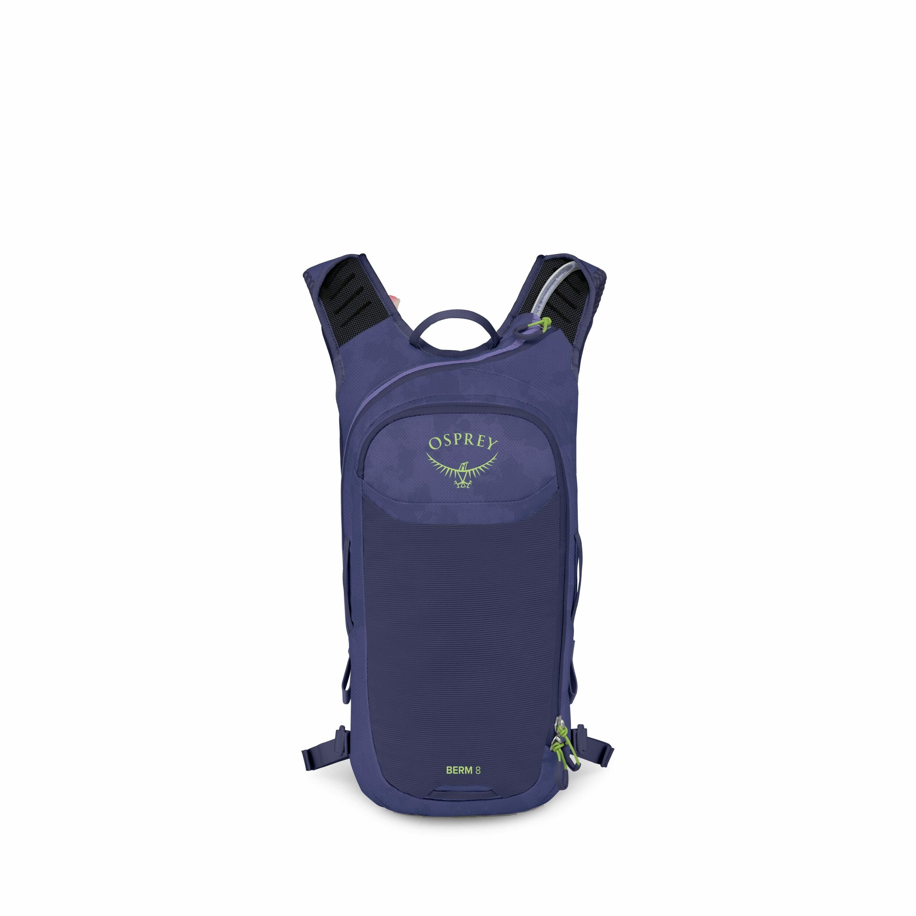 The image features a backpack made by the brand Osprey, identifiable by the prominent Osprey logo on the front. The backpack has a sleek design in a dark blue color with black straps and accents. It is small and compact, likely intended for light activiti