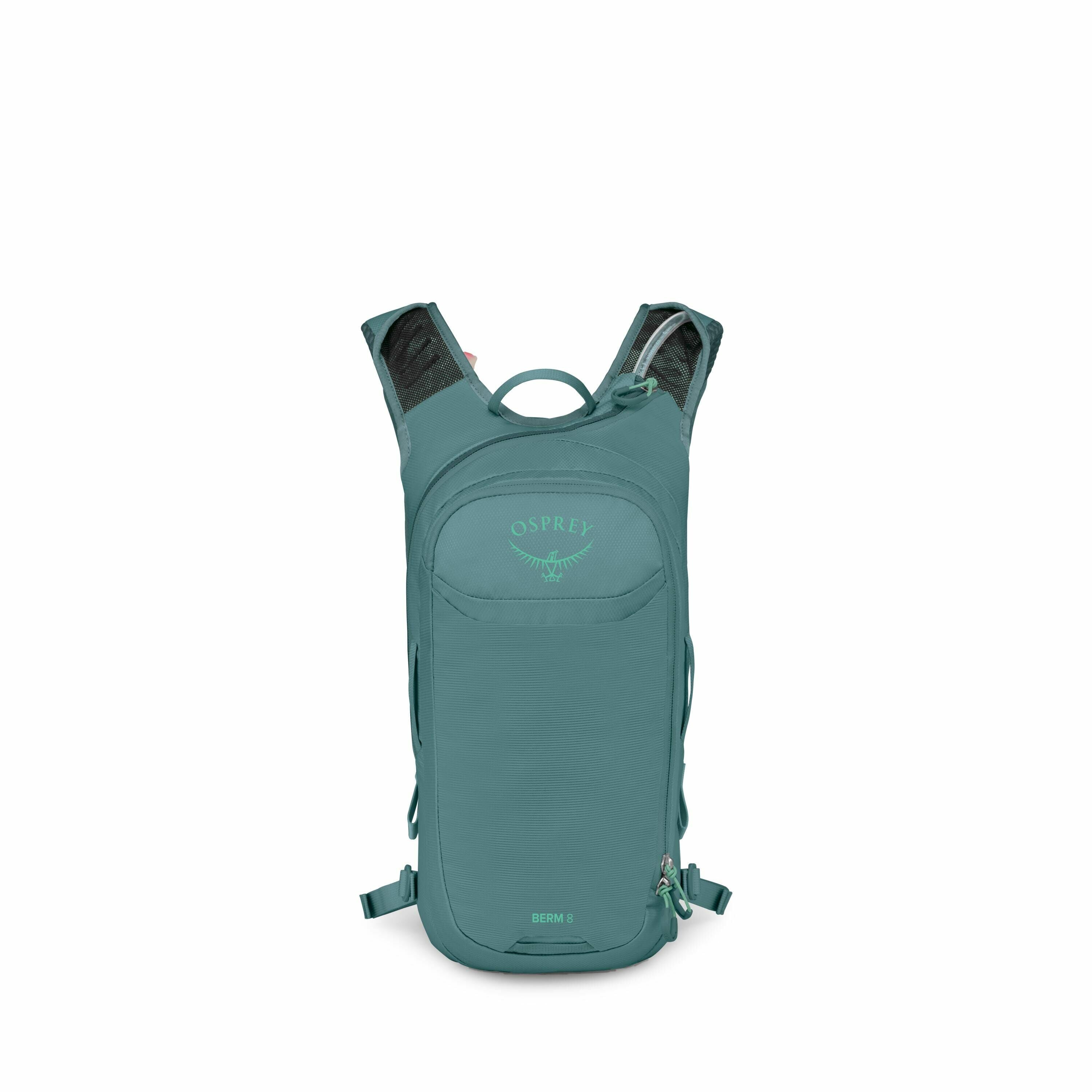 The image shows a teal-colored Osprey backpack, viewed from the front. It has a sleek and compact design with minimal compartments visible from this angle. The Osprey logo is prominently displayed on the upper front section of the backpack, and the model