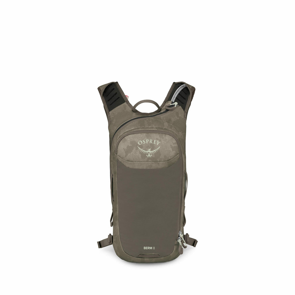 The image features a series of layered views of a compact backpack from the brand Osprey. The backpack is primarily olive green with camouflage accents and is labeled "BERM 8" at the bottom. The Osprey logo, which consists of an image of an osprey bird in