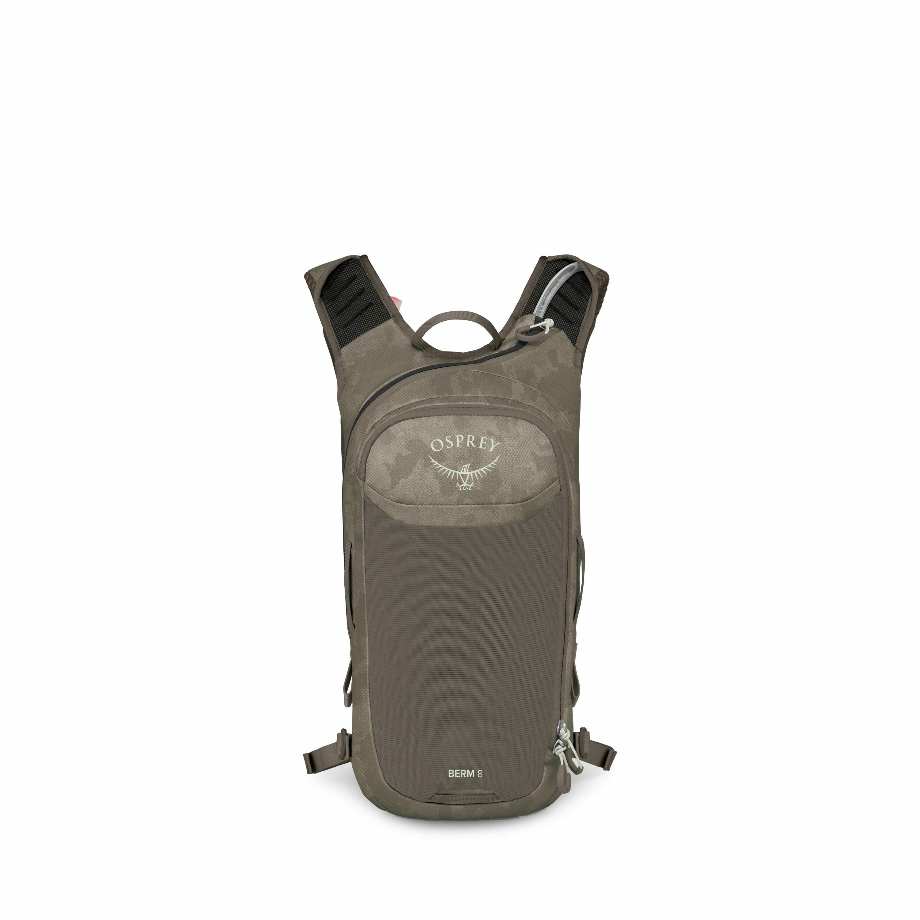 The image features a series of layered views of a compact backpack from the brand Osprey. The backpack is primarily olive green with camouflage accents and is labeled "BERM 8" at the bottom. The Osprey logo, which consists of an image of an osprey bird in