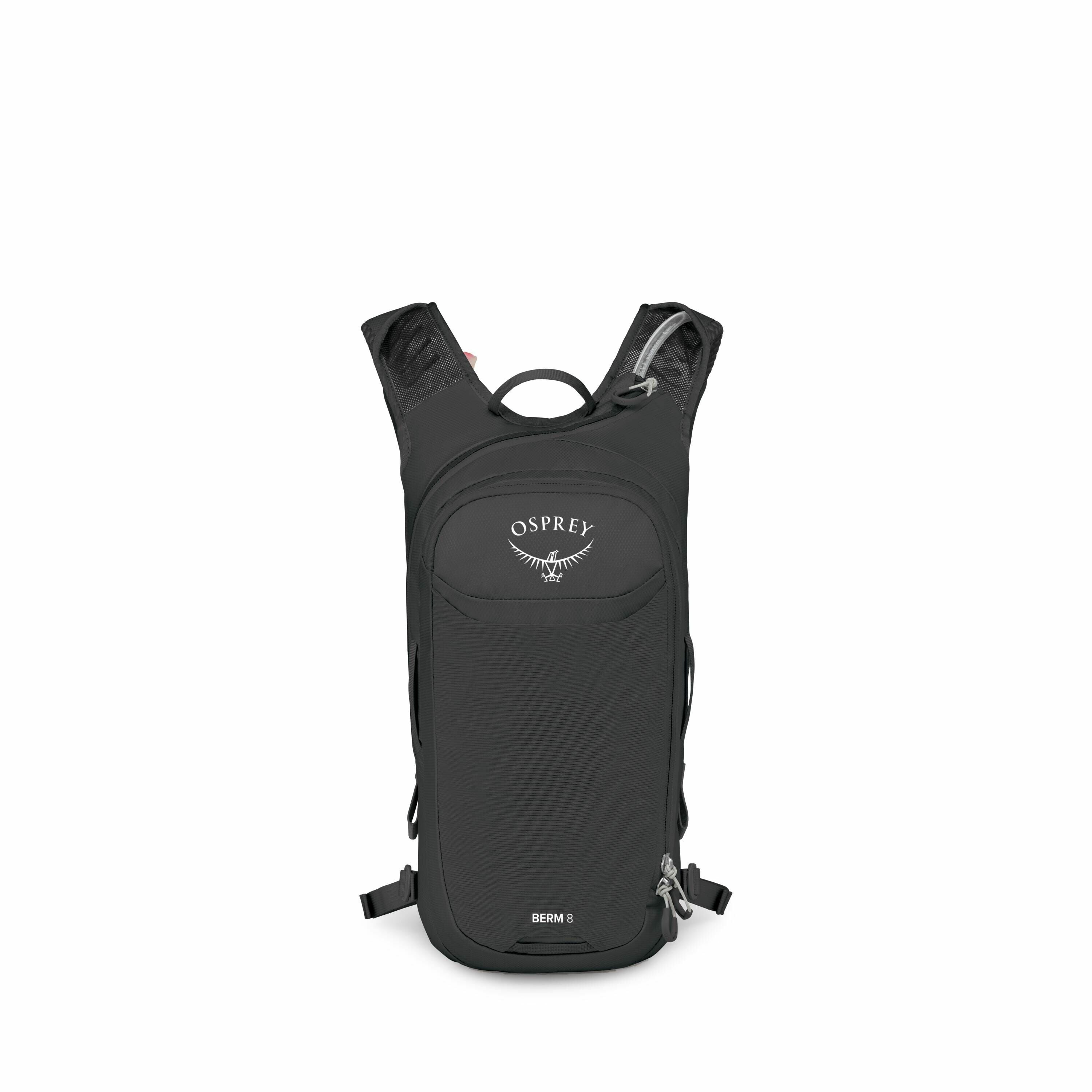 The image features a sleek and compact black backpack from the brand Osprey, with "BERM 8" printed at the bottom. It has a minimalistic design with one main compartment, and the Osprey logo is prominently displayed on the front panel. The backpack is equi