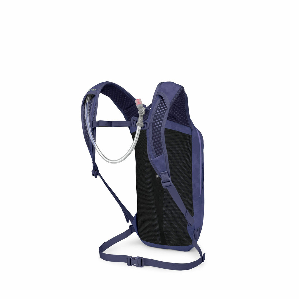 The image features a hydration backpack designed for outdoor activities. The backpack is predominantly blue and appears to be equipped with a hydration bladder system, evident from the hose and mouthpiece extending over one shoulder strap. The back panel