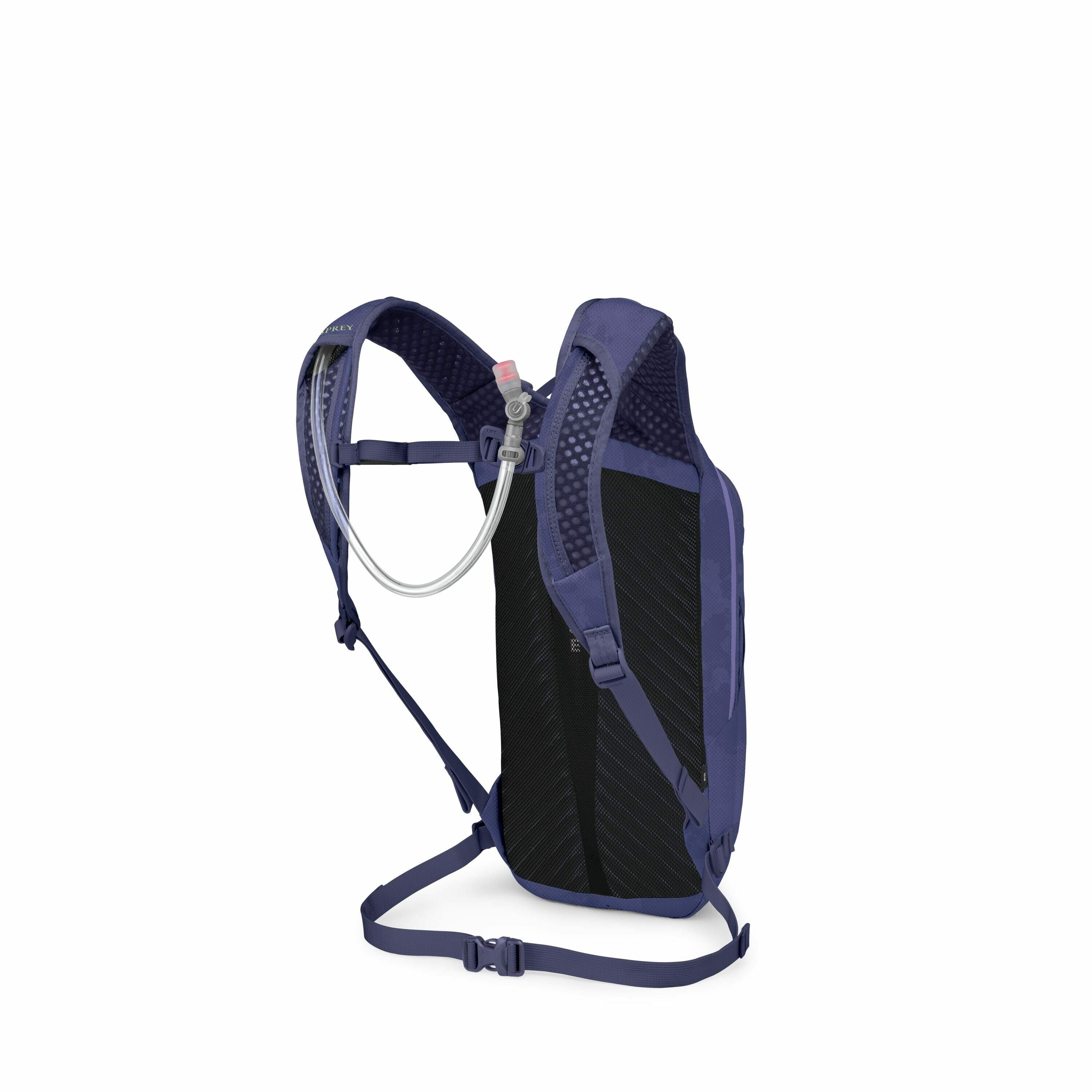 The image features a hydration backpack designed for outdoor activities. The backpack is predominantly blue and appears to be equipped with a hydration bladder system, evident from the hose and mouthpiece extending over one shoulder strap. The back panel