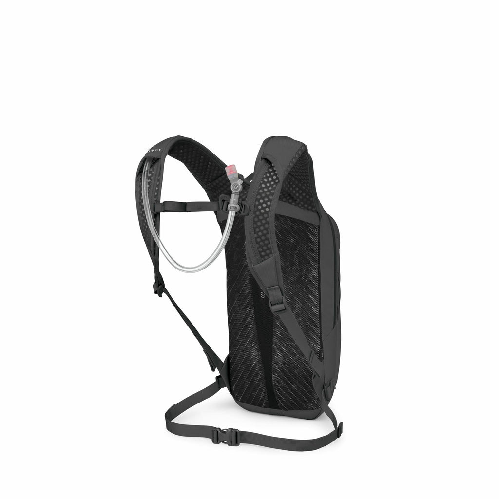 The image shows a black Osprey backpack designed for hydration, as indicated by the presence of a water tube and mouthpiece attached to the left shoulder strap. The backpack features padded straps and a mesh back panel for comfort and ventilation. It also