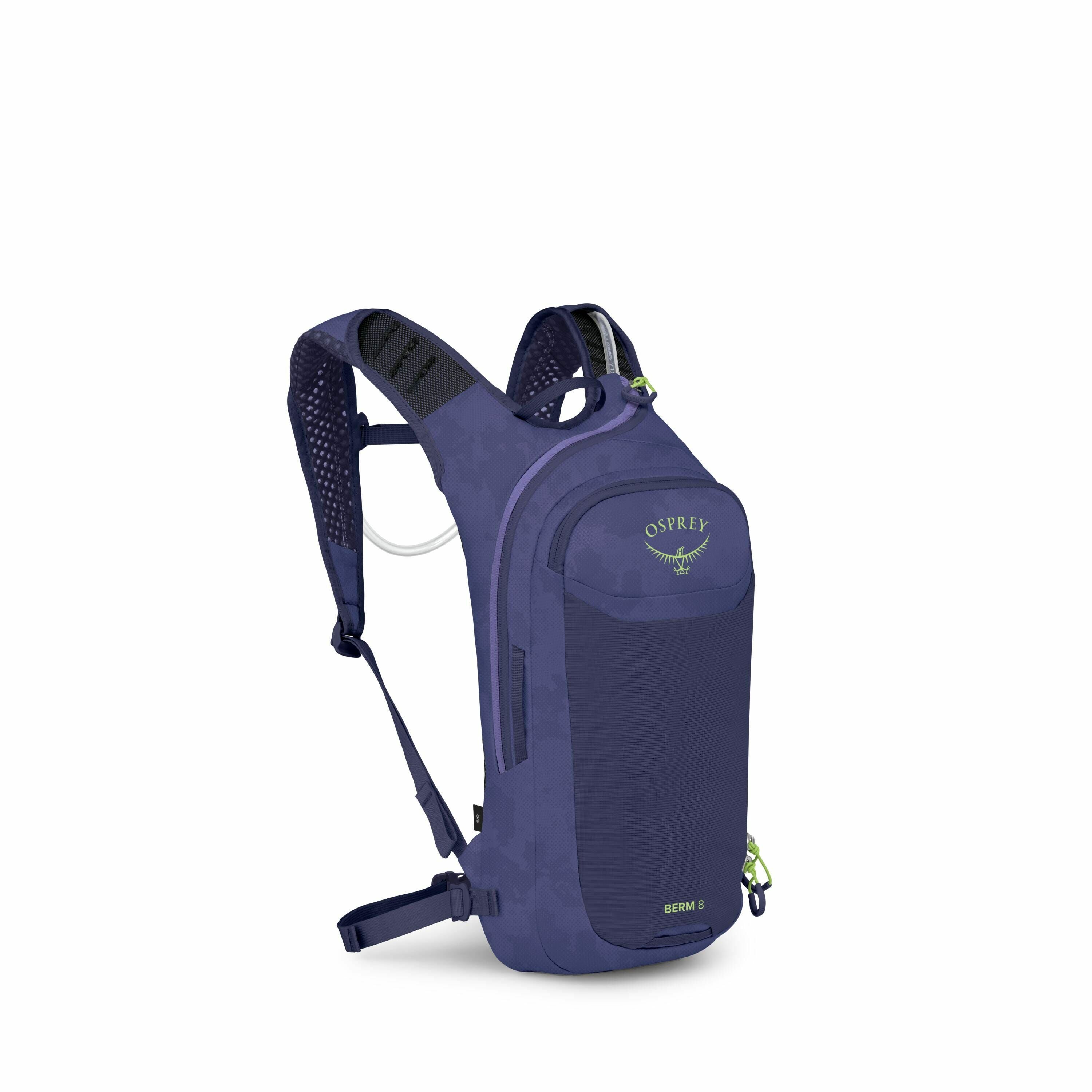 The image depicts a compact Osprey backpack, designed for outdoor activities such as hiking or cycling. It has a sleek, streamlined design in a dark blue color with subtle lighter patterns and bright green accents. The front of the backpack features the O