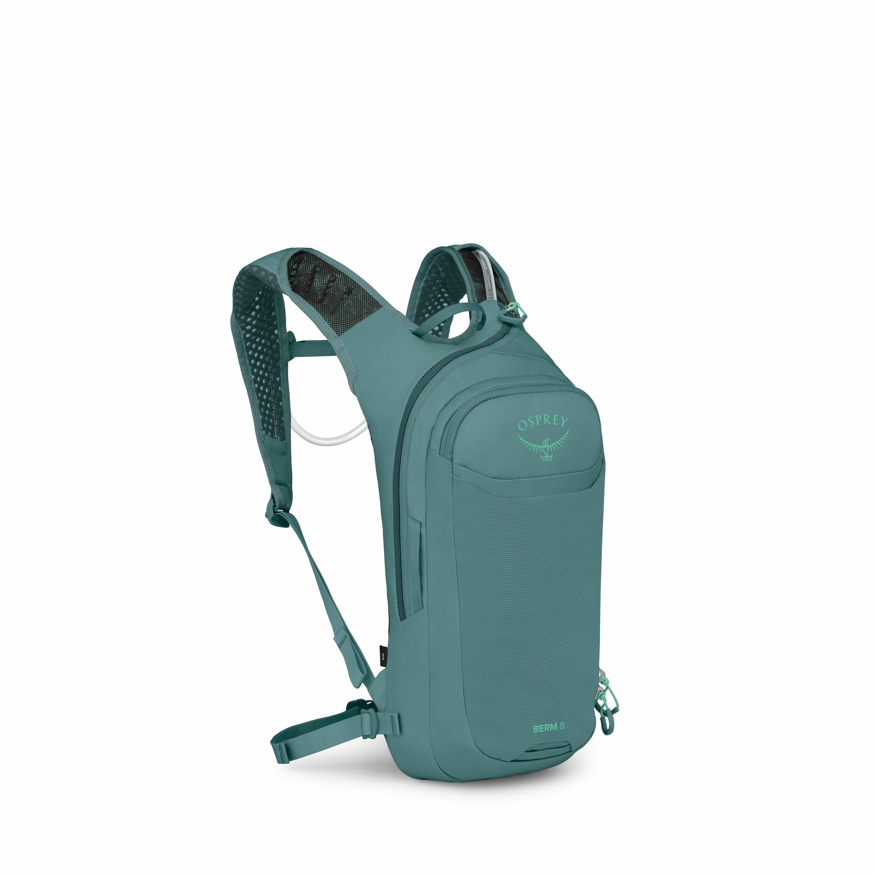 The image shows a teal-colored Osprey backpack, specifically designed with a sleek and compact look. The backpack features a main compartment with a zipper, a smaller front pocket, and adjustable shoulder straps with padding for comfort. The Osprey logo i