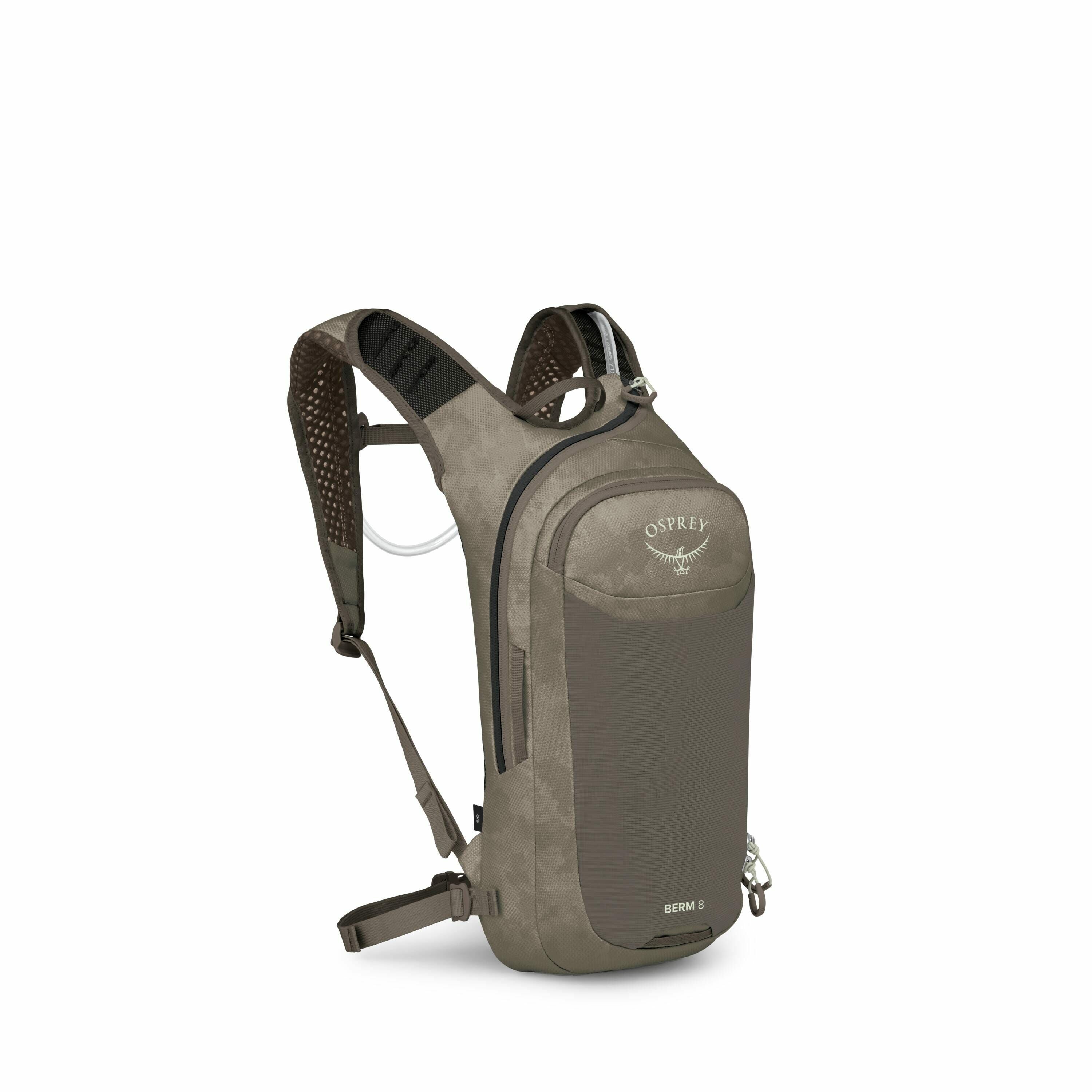 The image showcases a compact, stylish backpack designed by Osprey, known as the "Berm 8." It is shown in two color variants: a muted brown and a deep green. The backpack is designed with a sleek and modern silhouette, featuring multiple compartments and