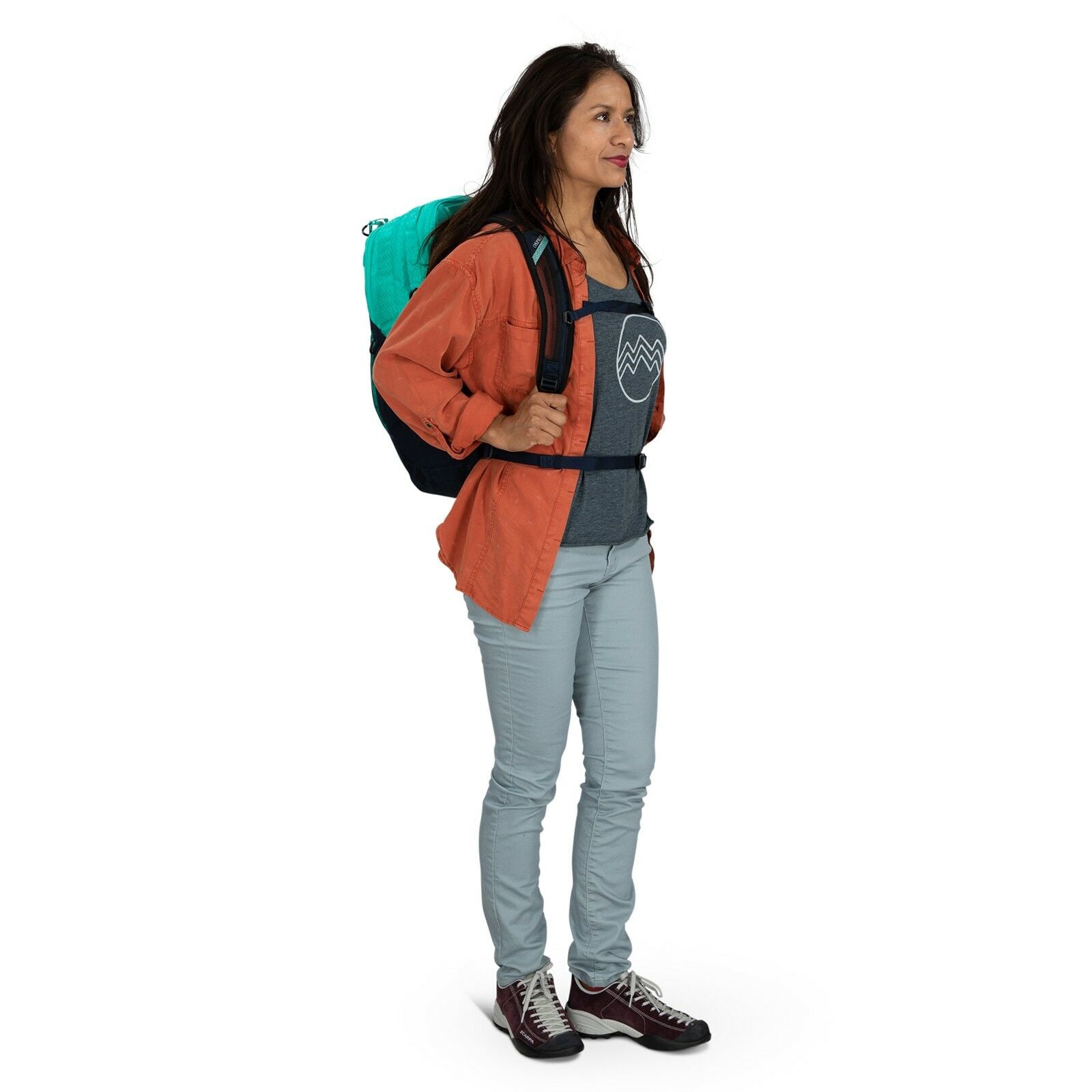 a person modeling the Comet 30 in color reveriegreencetaceanblue