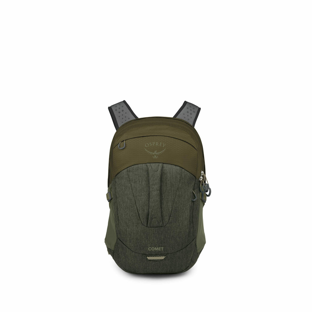 The images depict various stages of assembling an Osprey Comet backpack. The first image shows the backpack fully assembled with its olive-green fabric and distinctive Osprey logo near the top. Subsequent images break down the backpack into different part