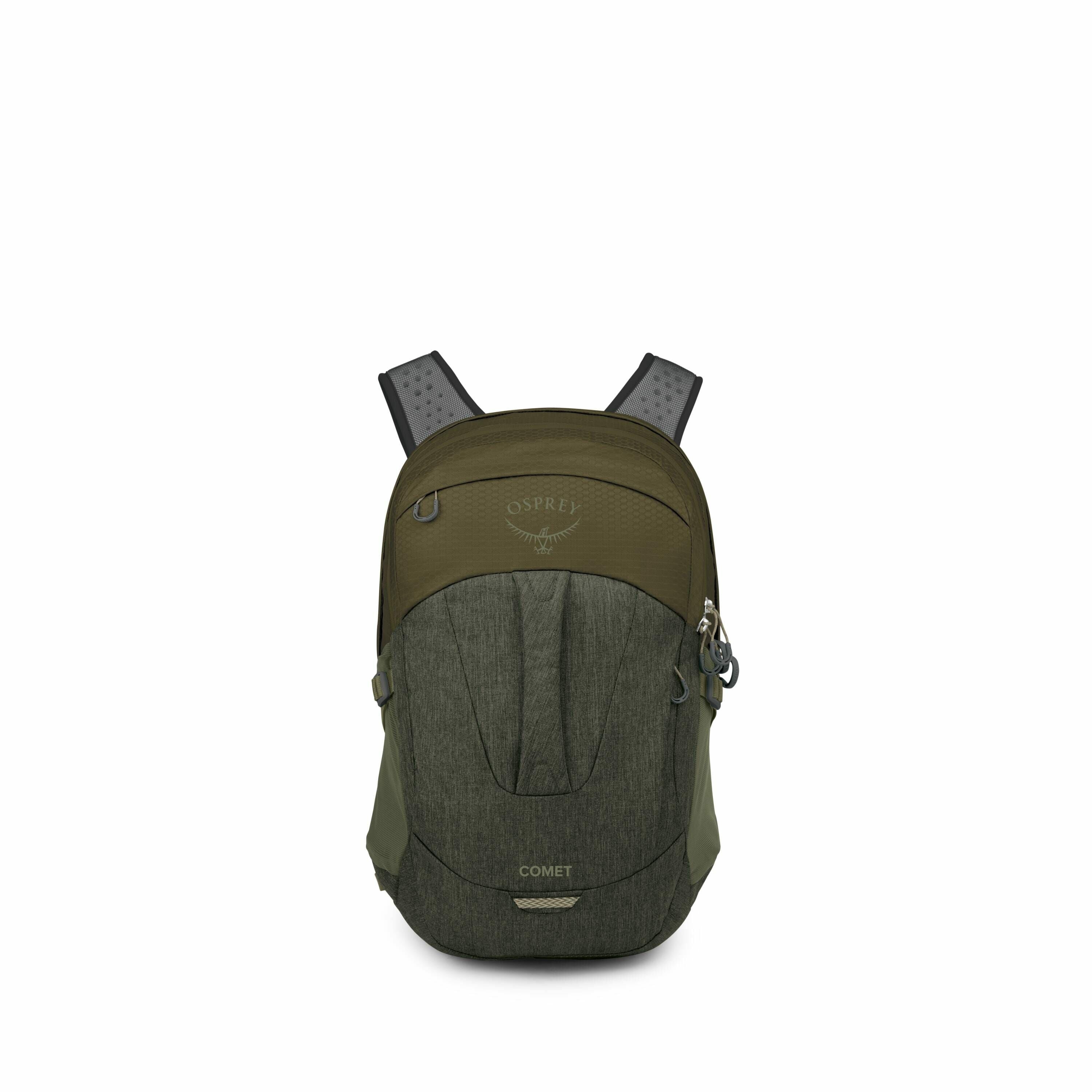 The images depict various stages of assembling an Osprey Comet backpack. The first image shows the backpack fully assembled with its olive-green fabric and distinctive Osprey logo near the top. Subsequent images break down the backpack into different part