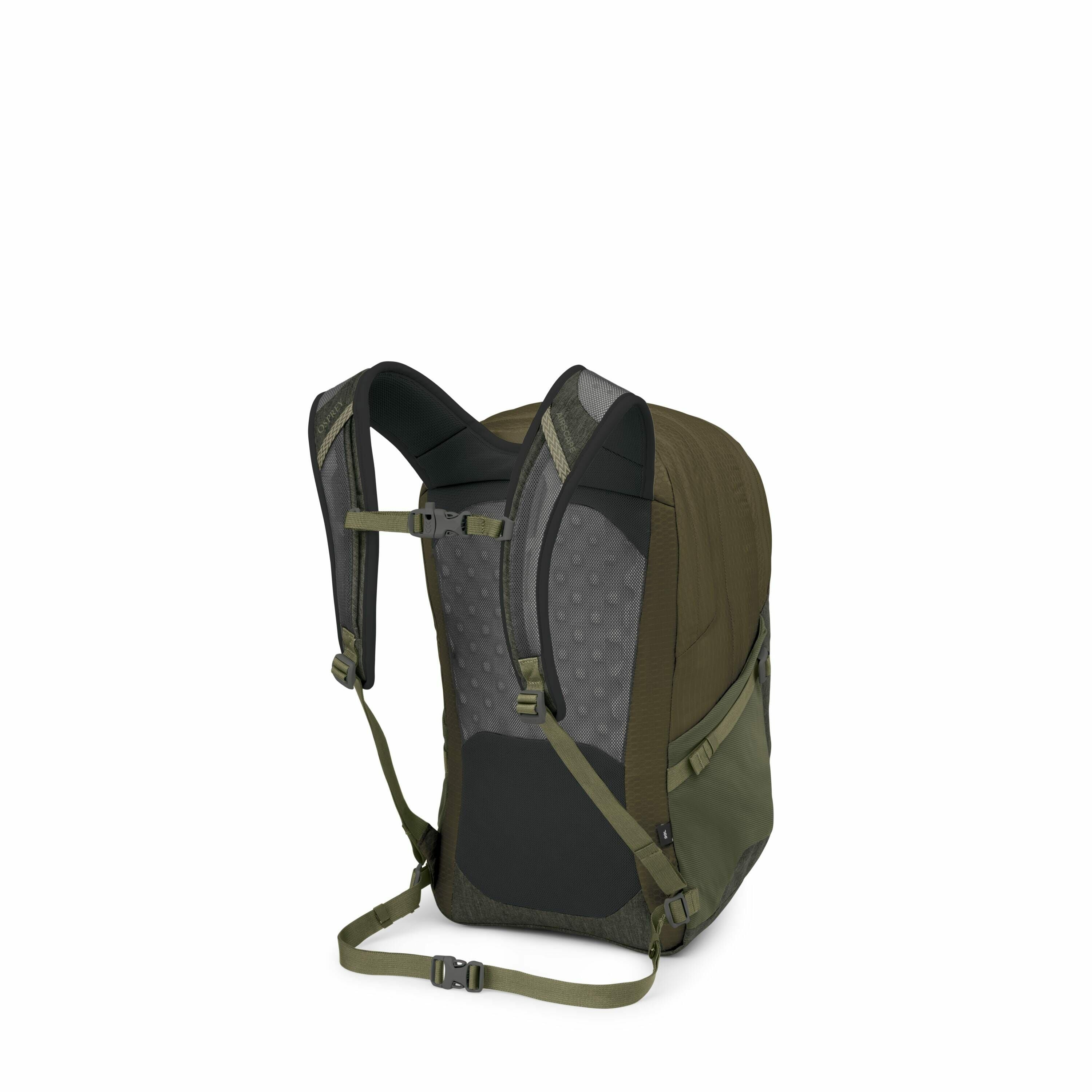 The image shows a backpack from a rear perspective, highlighting its straps and back panel. The backpack is primarily olive green with black and gray elements. The shoulder straps are padded and adjustable, featuring a chest strap for added stability. The