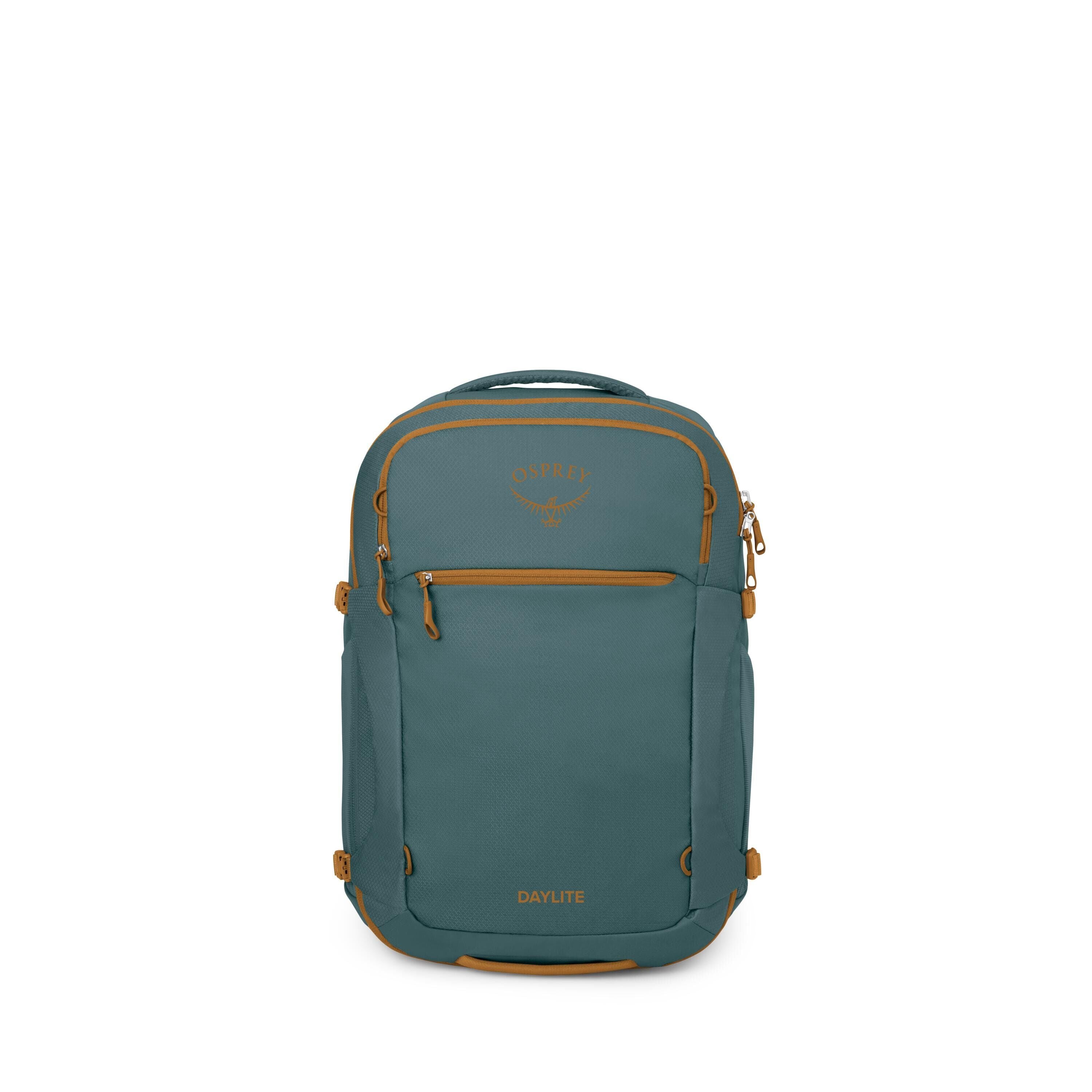 A teal and ochre Osprey "Daylite" backpack is shown from several angles and in deconstructed stages. The main view displays a compact daypack with a top handle, front zip pocket, and rounded profile, accented by tan zippers and trim.
