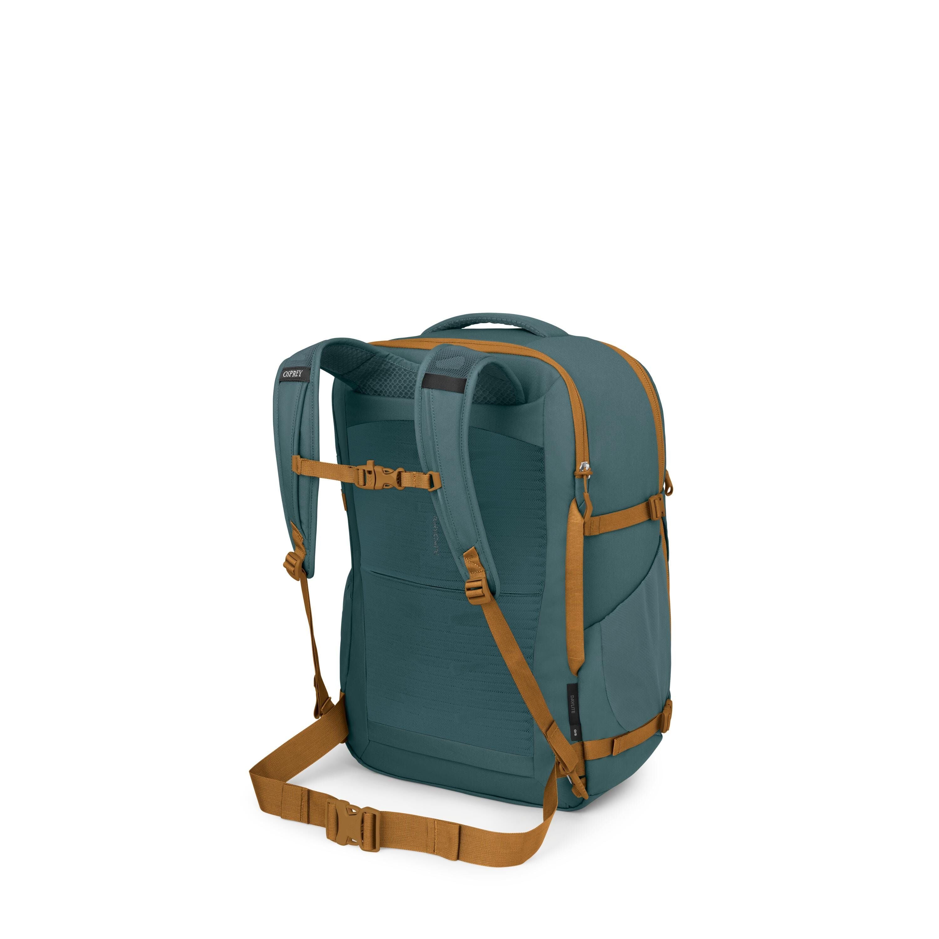 A teal travel backpack is shown from the back, featuring padded shoulder straps and a structured back panel. The straps, side compression straps, and hip belt are in a contrasting mustard color with multiple adjustment buckles. A top carry handle and side