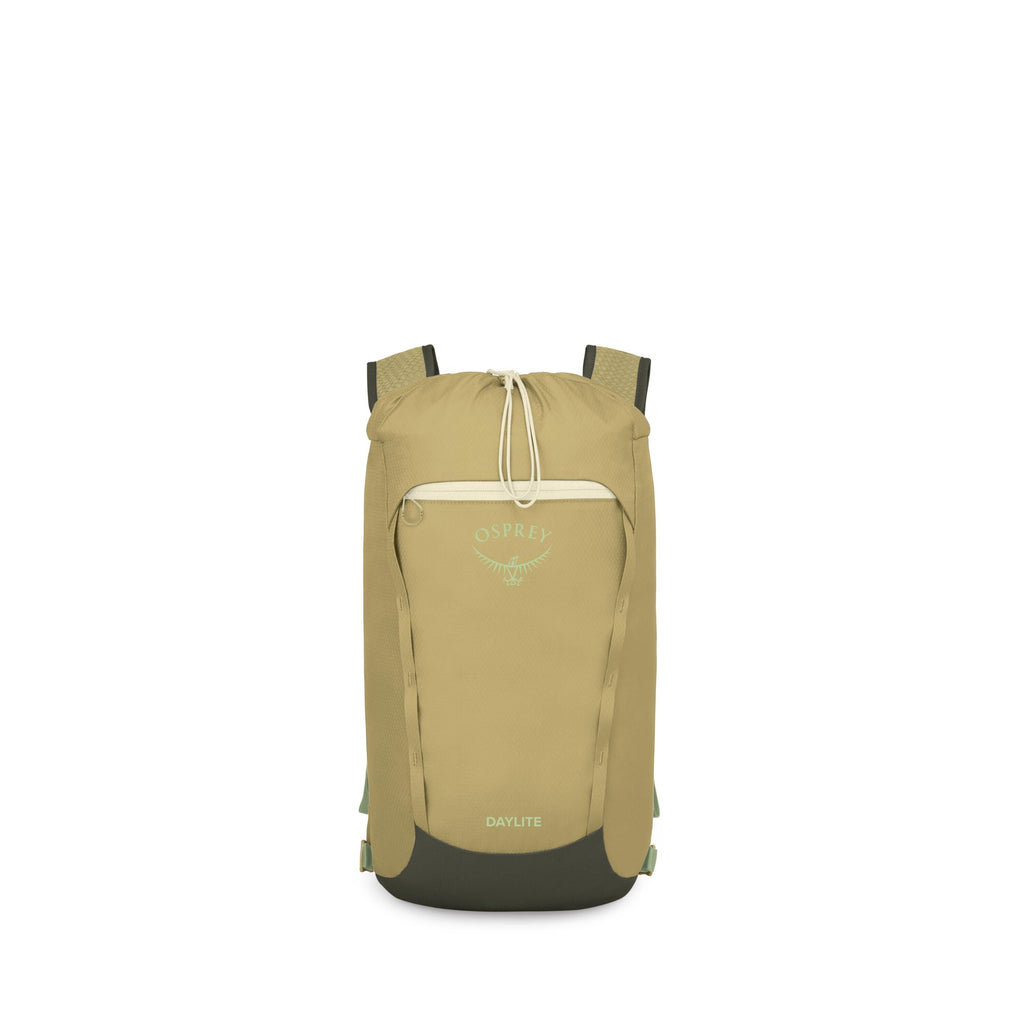 The images show a compact Osprey Daylite backpack in shades of olive and lime green with dark green accents. It has a drawstring top closure, a small front zip pocket, and the Osprey logo printed on the front. Several frames display the bag in different c