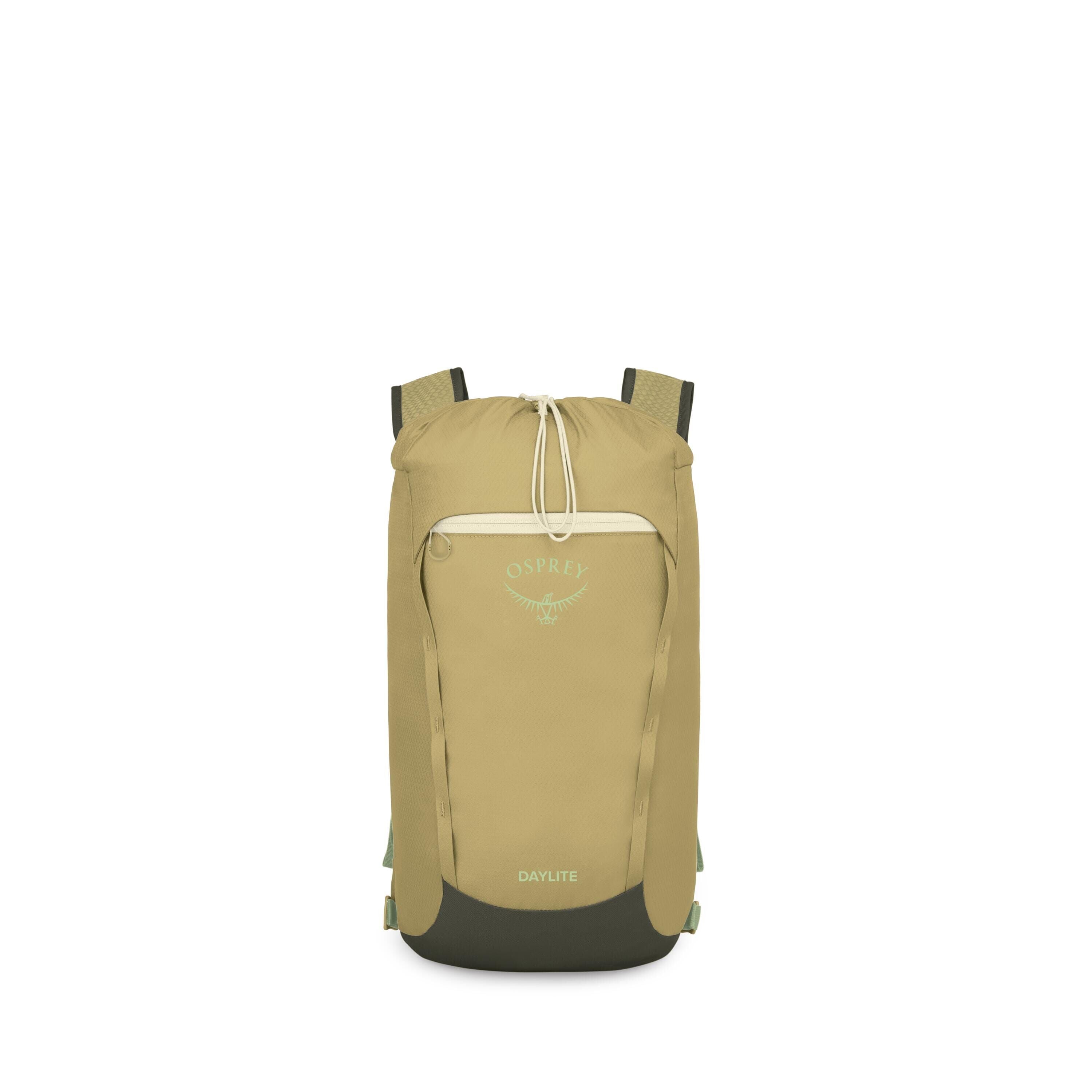 The images show a compact Osprey Daylite backpack in shades of olive and lime green with dark green accents. It has a drawstring top closure, a small front zip pocket, and the Osprey logo printed on the front. Several frames display the bag in different c