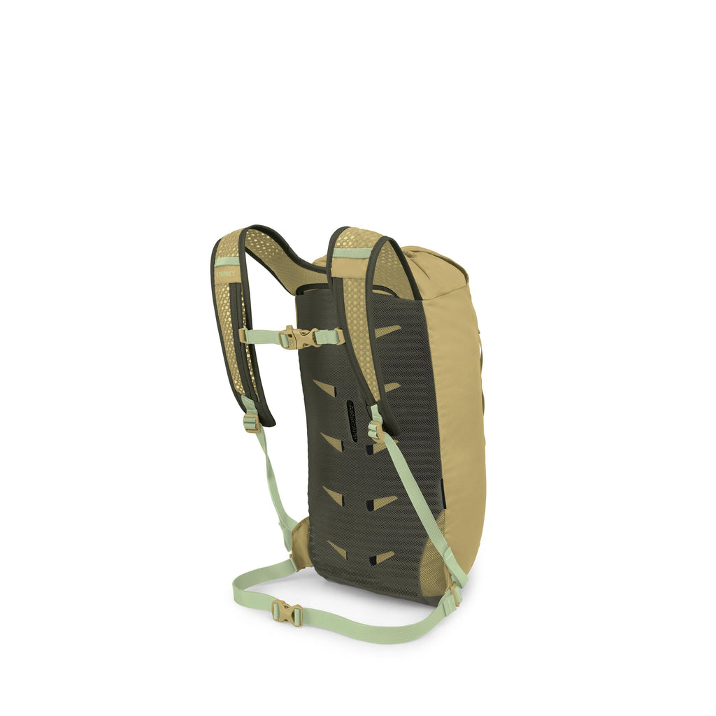 The images show a lightweight hiking backpack in earthy green tones photographed from the back and in exploded views of its components. It features ventilated mesh shoulder straps, a sternum strap with buckle, and a minimalist hip strap for stability. The
