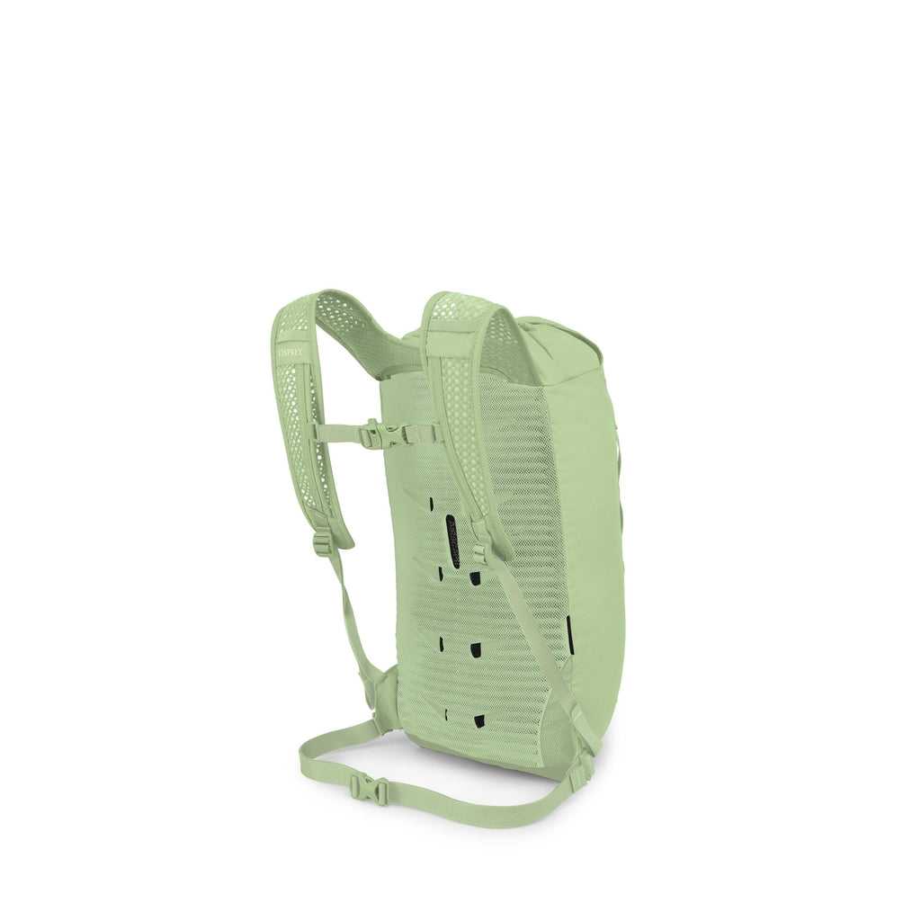A light green technical backpack is shown from the back, highlighting its suspension and harness system. It features ventilated mesh shoulder straps with an adjustable sternum strap, a breathable perforated back panel, and a simple webbing hip belt. The p