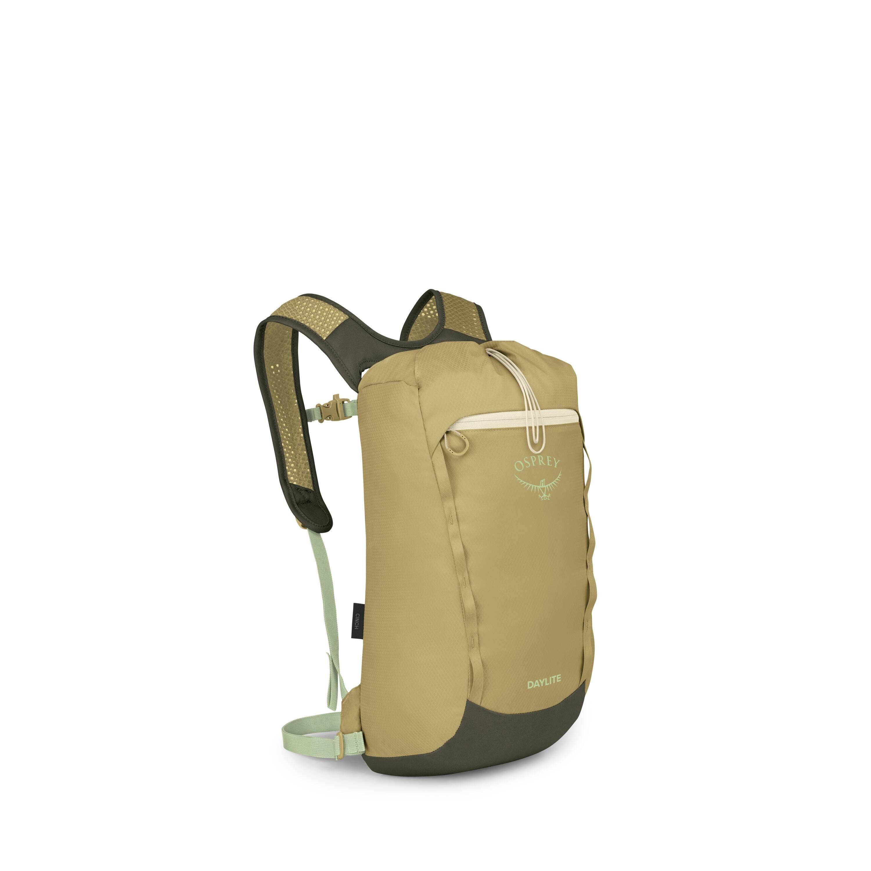 The images show a compact Osprey Daylite backpack in olive and light green tones. It has a streamlined main compartment with a front zip pocket, a small loop near the zipper, and the Osprey bird logo on the front. The back features padded, breathable shou