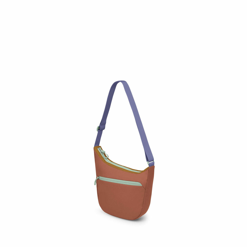 The image features a crossbody bag with a distinctively colorful design. The bag itself is a reddish-brown color with two green zippers, one for the main compartment at the top and another for the front pocket. It has a purple strap attached with green bu