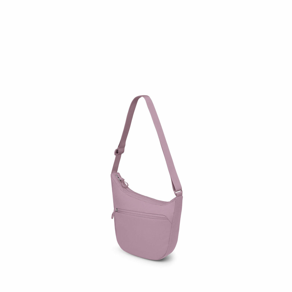 The images depict a purple sling bag from various angles and in different stages of assembly. The first two images show a fully assembled sling bag, with a strap, main compartment, and a front zipper pocket. The following images show the bag in various st