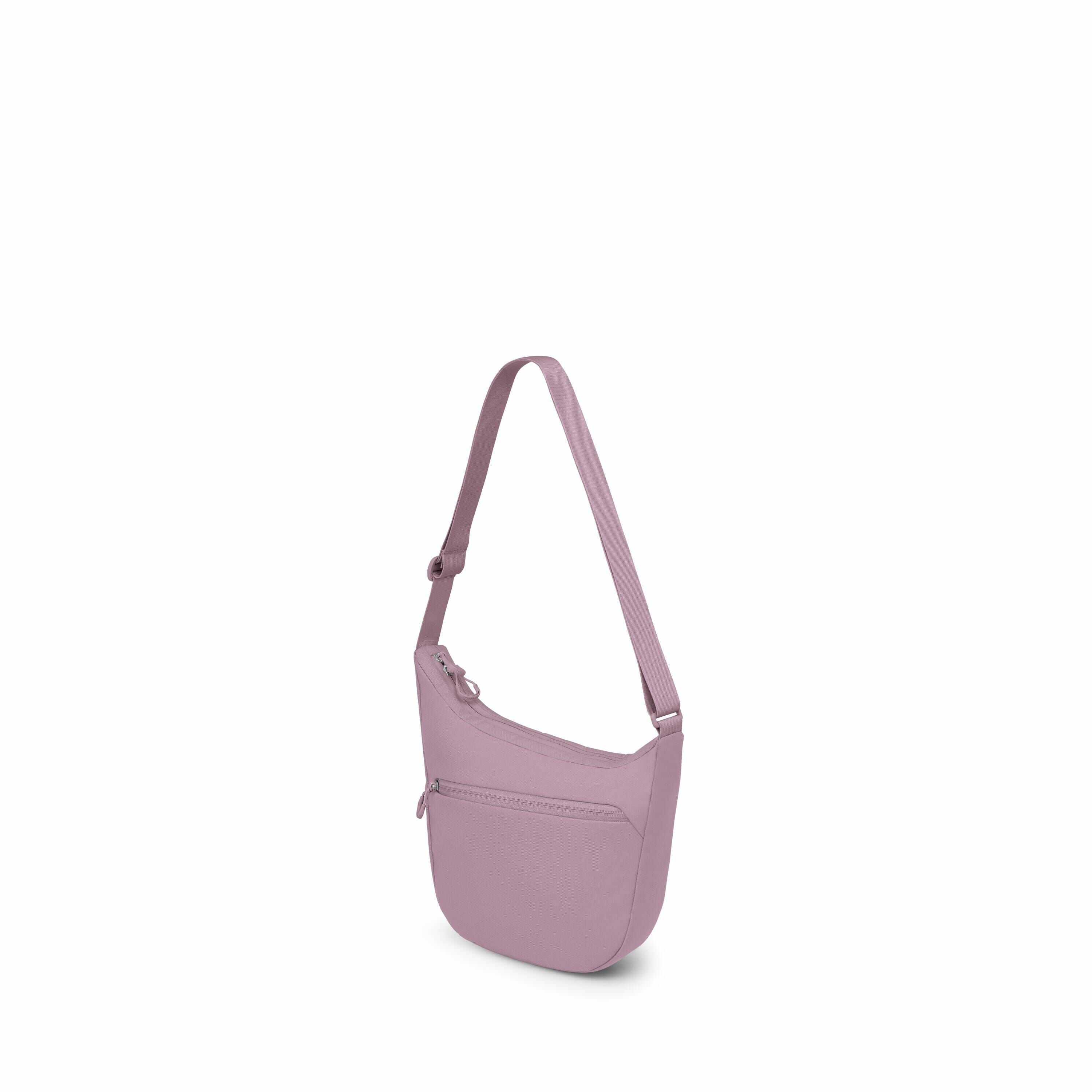 The images depict a purple sling bag from various angles and in different stages of assembly. The first two images show a fully assembled sling bag, with a strap, main compartment, and a front zipper pocket. The following images show the bag in various st