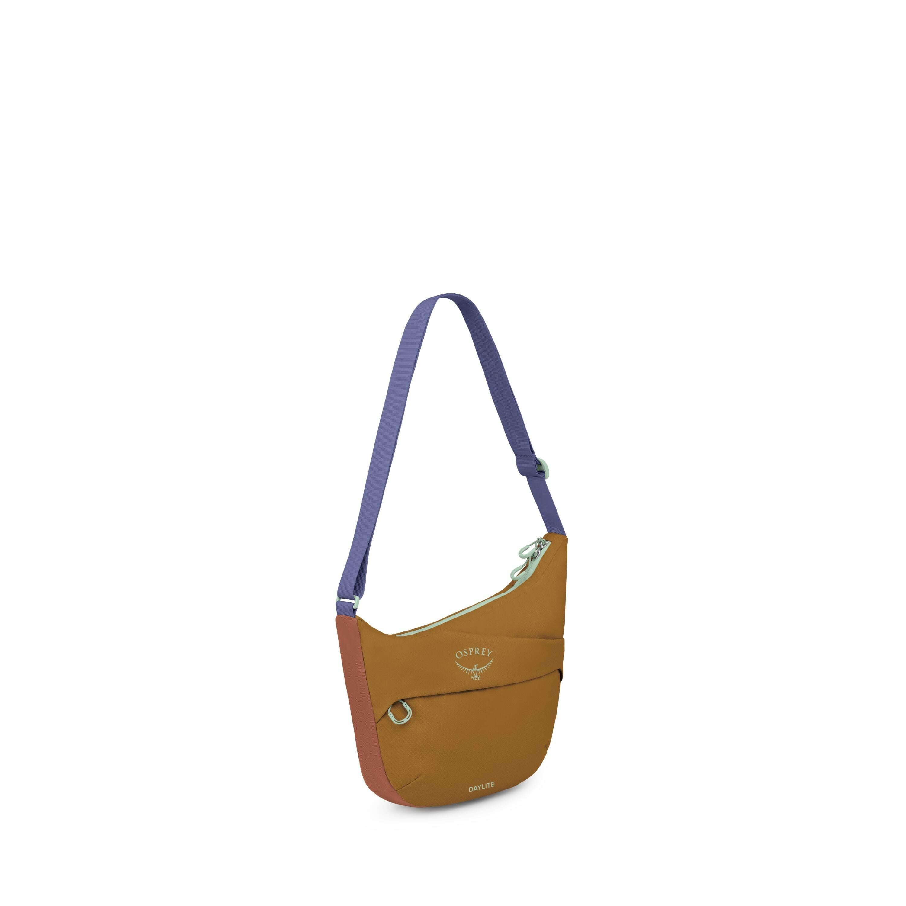 The image features a small, compact bag designed by Osprey, known as the Daylite model. The bag is constructed with a combination of earthy brown and red colors, accented with a contrasting purple strap that is adjustable. It displays the Osprey logo prom