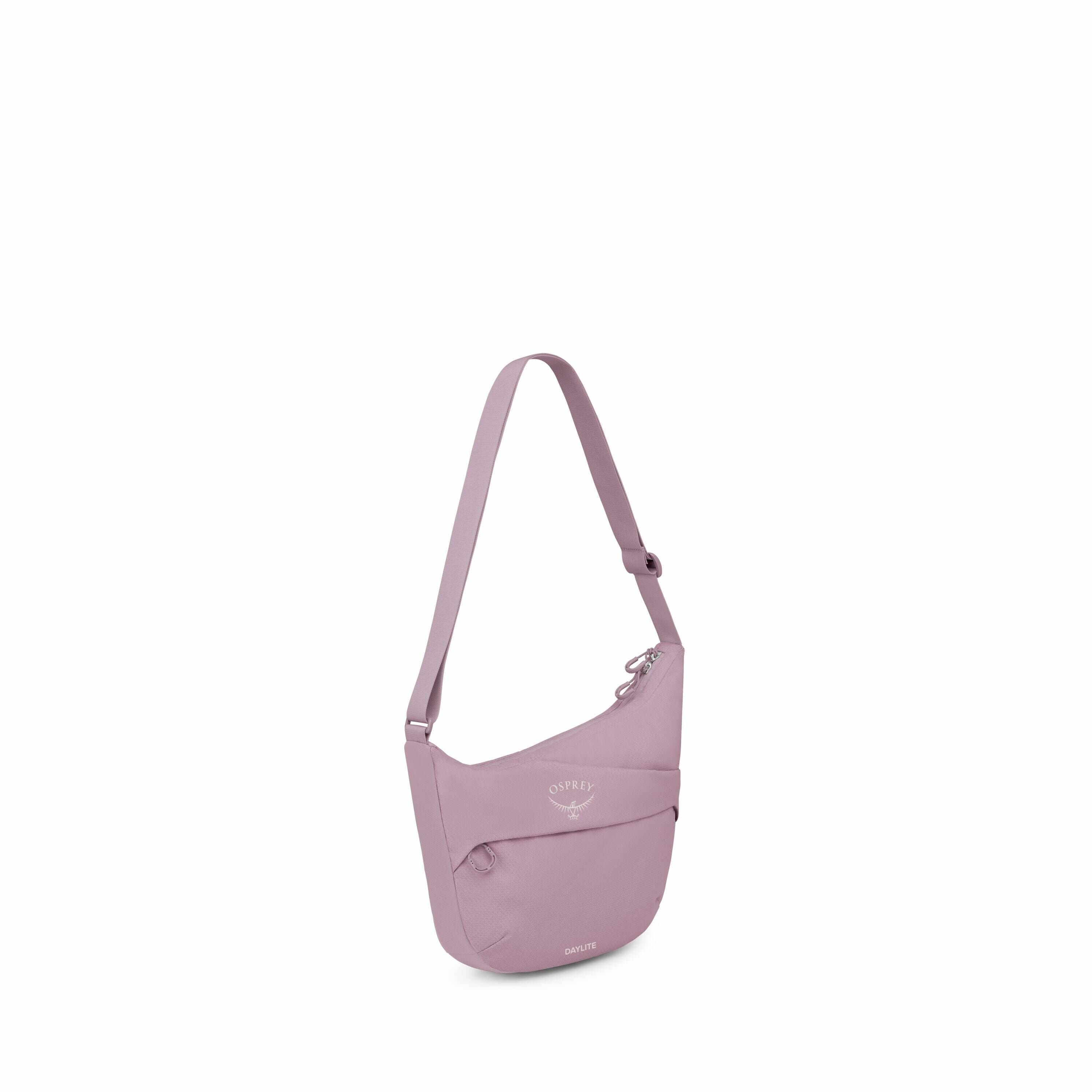 The images depict a lavender-colored crossbody bag made by Osprey, specifically the Daylite model. The bag features a sleek, modern design with an adjustable strap, allowing it to be worn comfortably across the body. The front of the bag showcases the Osp