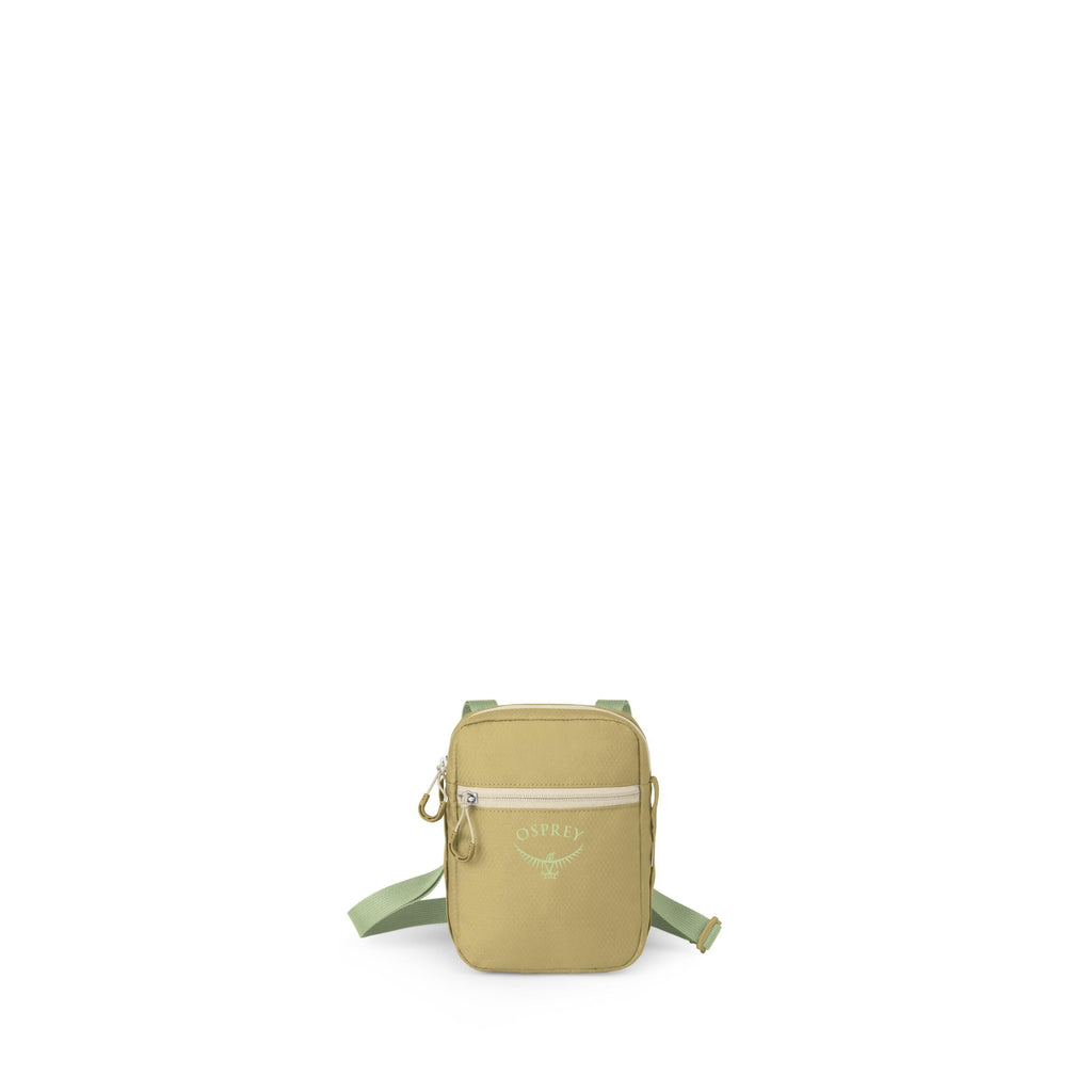 A small, rectangular crossbody bag is centered against a white background. It's light olive green with a lighter green adjustable strap and a front zip pocket. The front shows the Osprey logo in pale green. Multiple frames show the bag from the front and