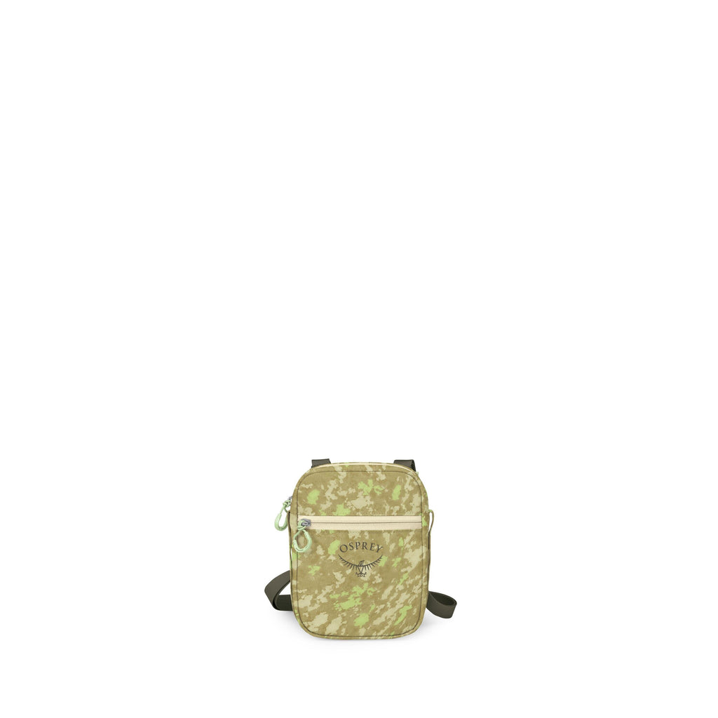 The images show a small Osprey crossbody shoulder bag in a green digital-camo pattern. It has a rectangular shape with rounded corners, a front zip pocket with a light zipper, and an adjustable dark green strap. Several frames present different views: fro