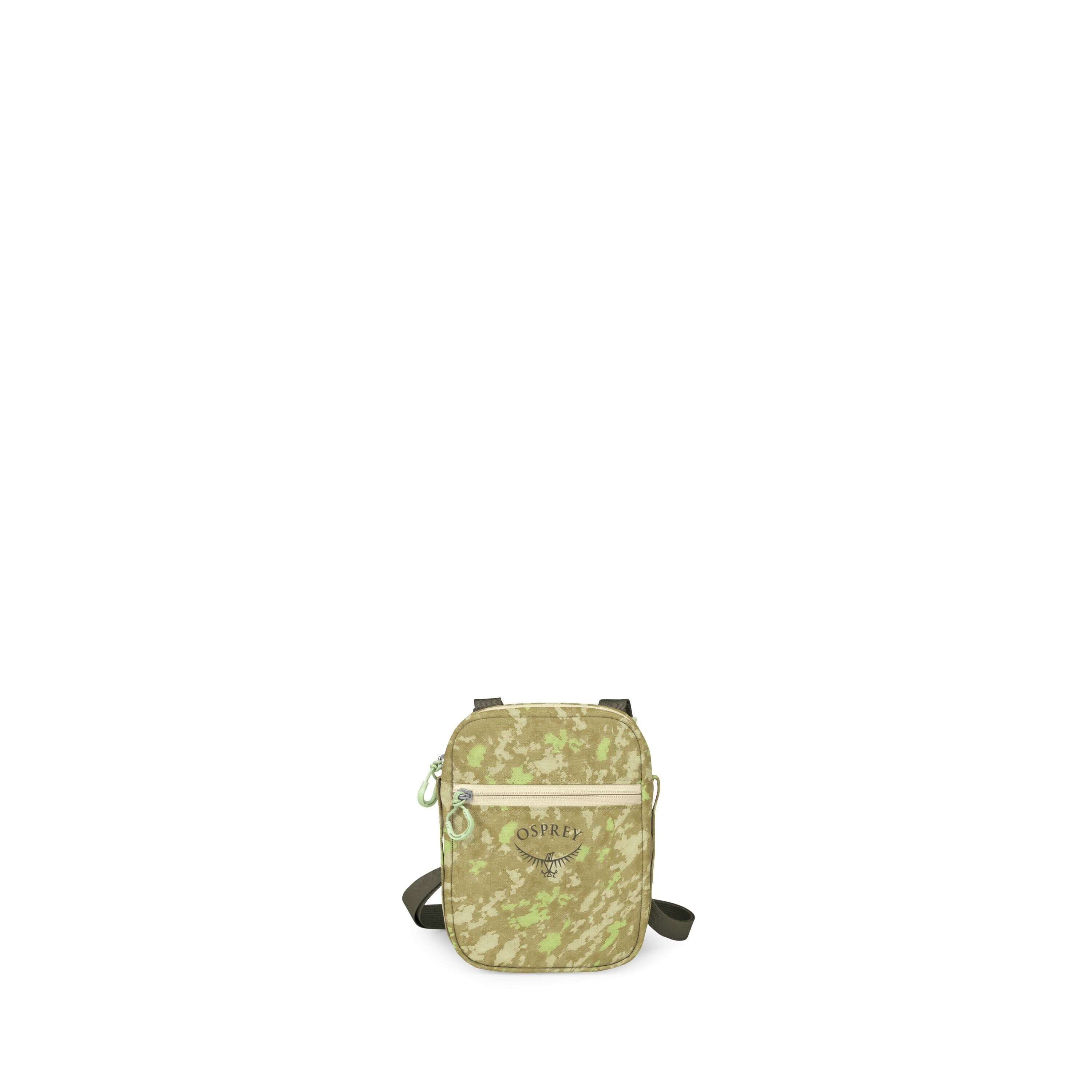 The images show a small Osprey crossbody shoulder bag in a green digital-camo pattern. It has a rectangular shape with rounded corners, a front zip pocket with a light zipper, and an adjustable dark green strap. Several frames present different views: fro
