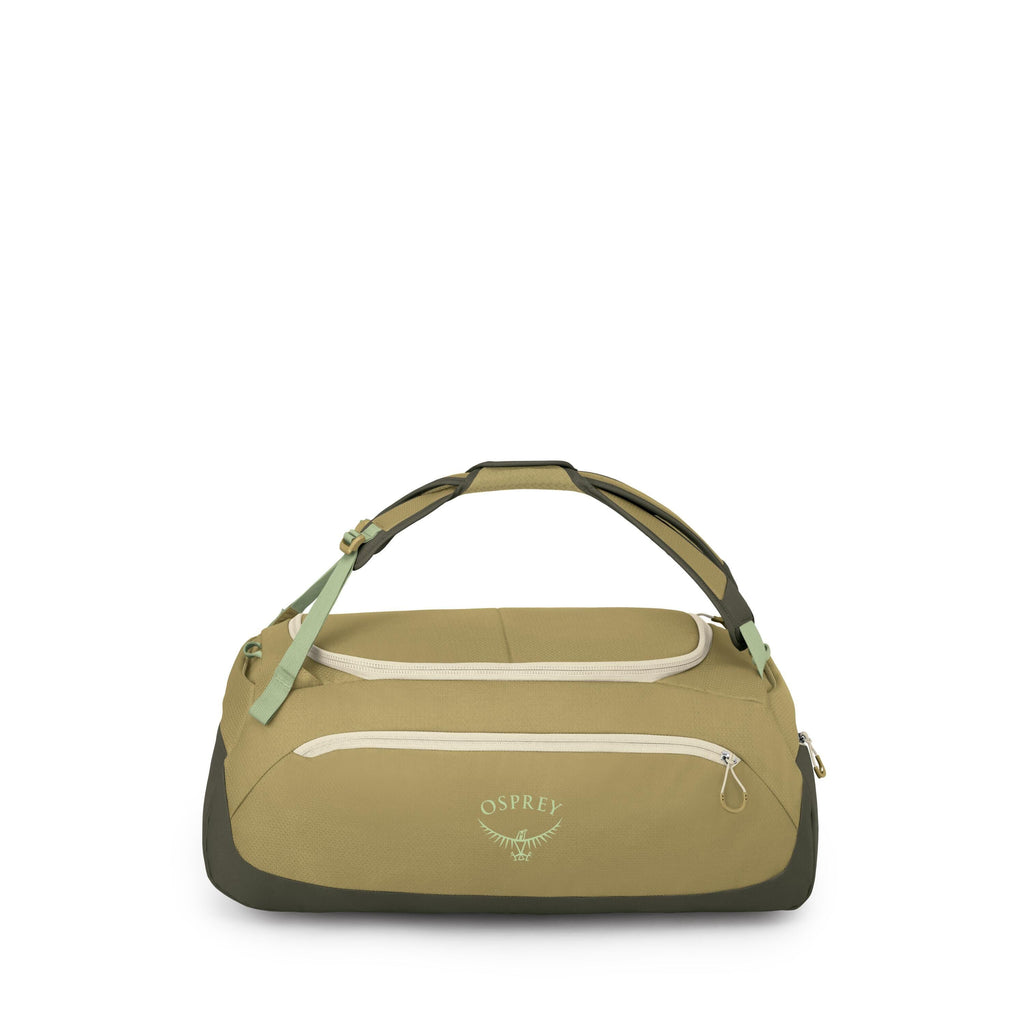 A compact Osprey duffel bag sits centered on a white background. The bag is olive green with darker green accents and cream zippers, featuring the Osprey logo on the front pocket. It has a padded, arching carry handle with adjustable straps and multiple e