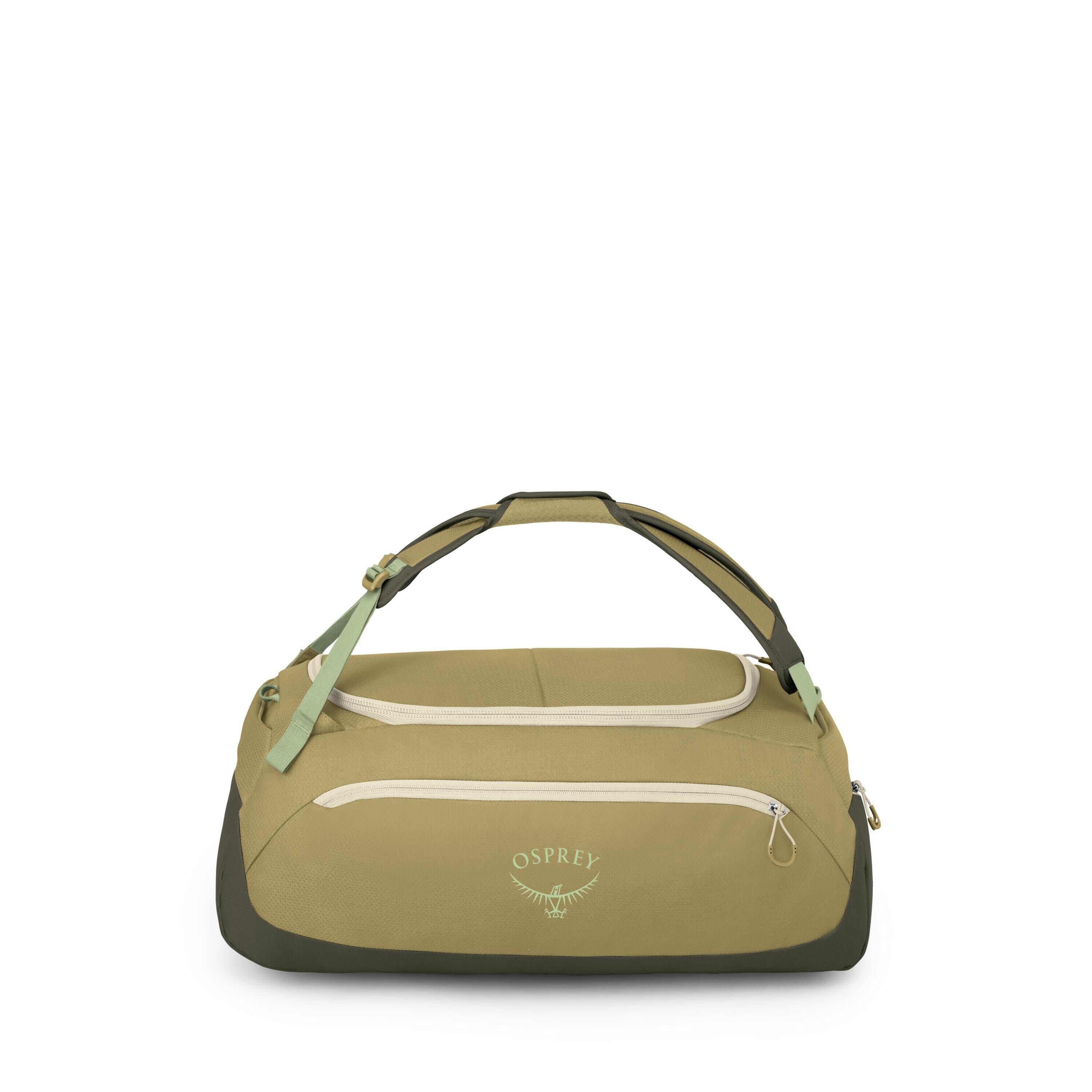 A compact Osprey duffel bag sits centered on a white background. The bag is olive green with darker green accents and cream zippers, featuring the Osprey logo on the front pocket. It has a padded, arching carry handle with adjustable straps and multiple e