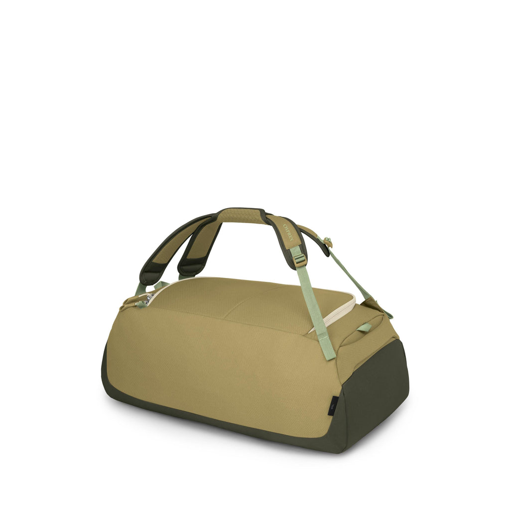 The images show a modern duffel bag in earthy green tones with contrasting darker green panels and light green straps. It features padded backpack-style shoulder straps that can be adjusted or removed, plus a zippered top opening and reinforced ends. Seve