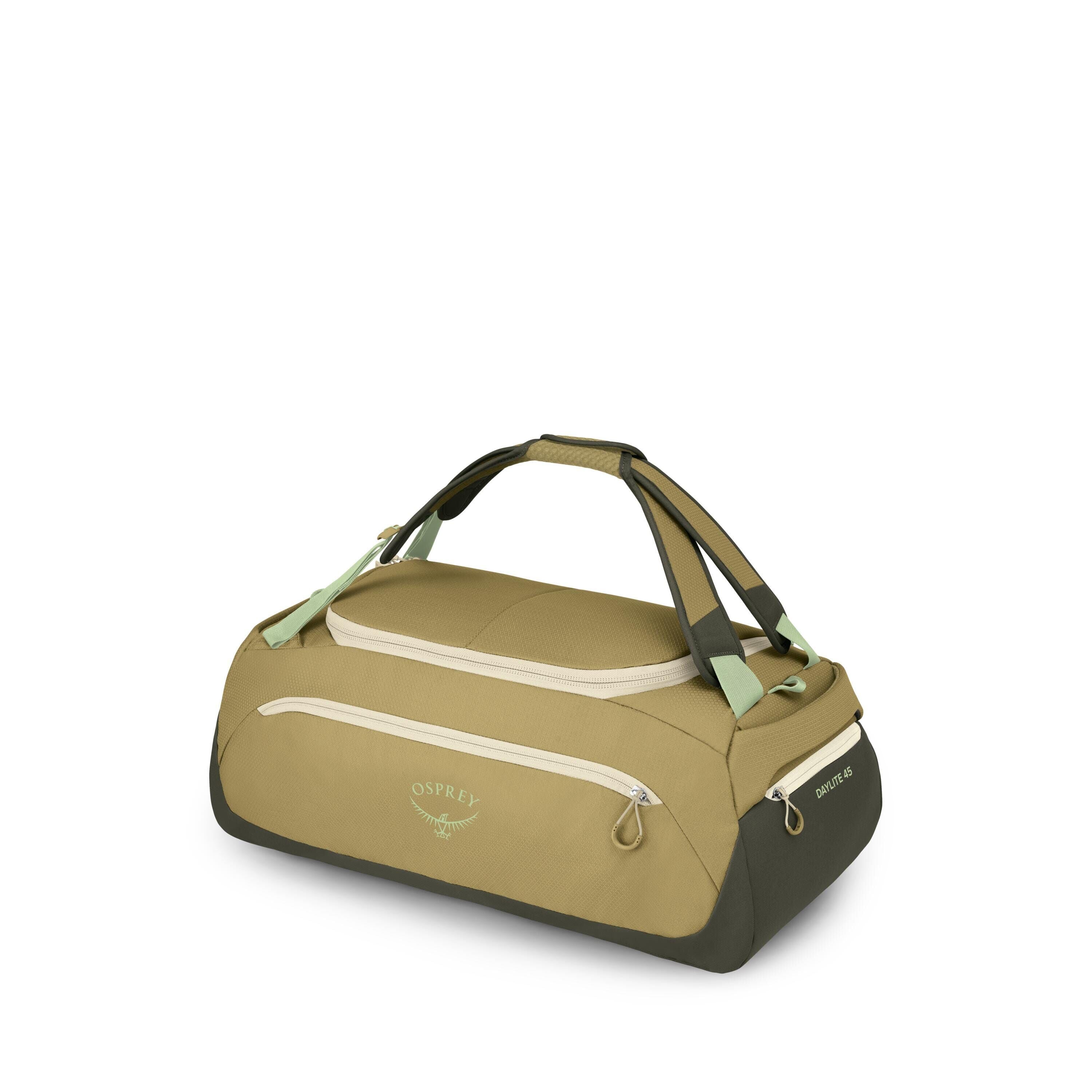 A compact duffel bag is shown in multiple render views and colorways, primarily olive and dark green with pale zipper accents. The bag features dual padded carry handles that can buckle together, a top zippered main compartment, and front and end zip pock