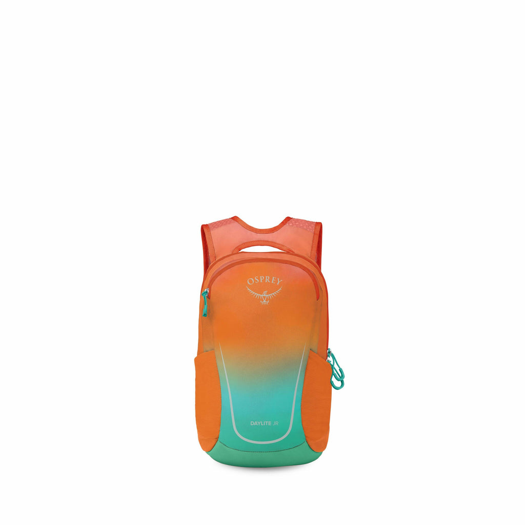 The images show a vibrant, small backpack made by Osprey, specifically the Daylite Jr model. The backpack features a gradient color scheme, transitioning from a bright orange at the top to a turquoise at the bottom. The design is sleek and compact, making