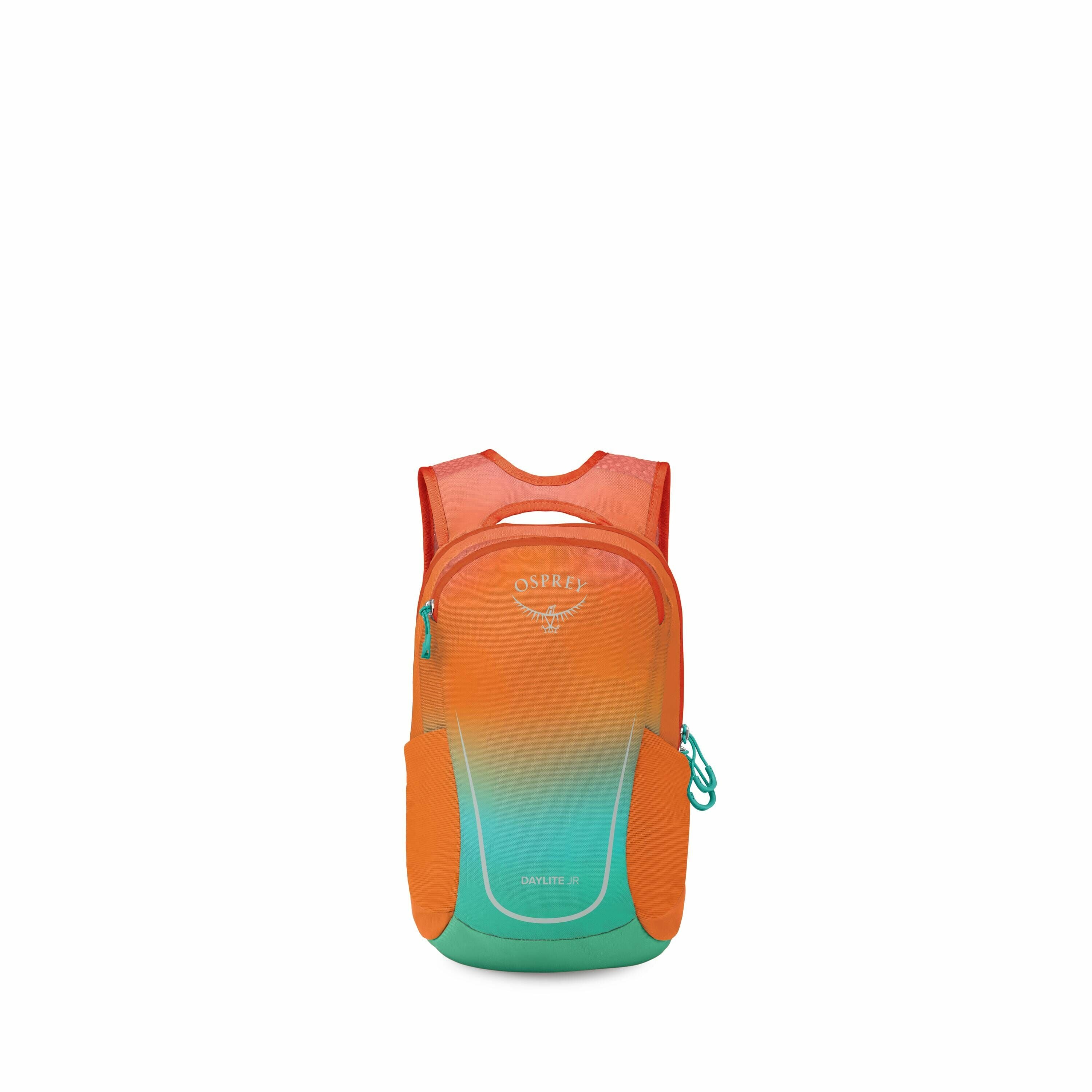 The images show a vibrant, small backpack made by Osprey, specifically the Daylite Jr model. The backpack features a gradient color scheme, transitioning from a bright orange at the top to a turquoise at the bottom. The design is sleek and compact, making