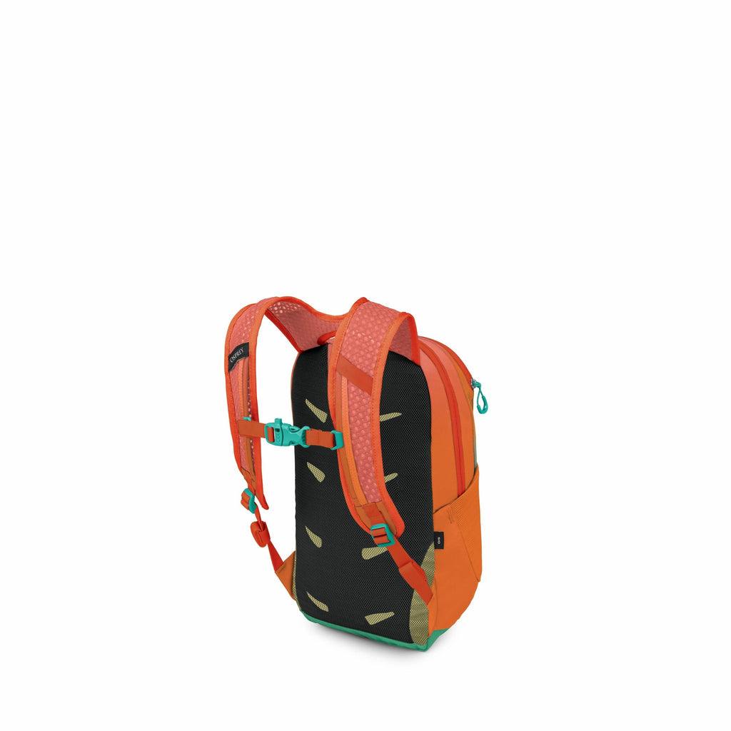 The image depicts a colorful backpack with a vibrant design. The main body of the backpack is predominantly orange, complemented by teal accents and green trim at the bottom. The back panel of the backpack is black, featuring small green leaf-like pattern